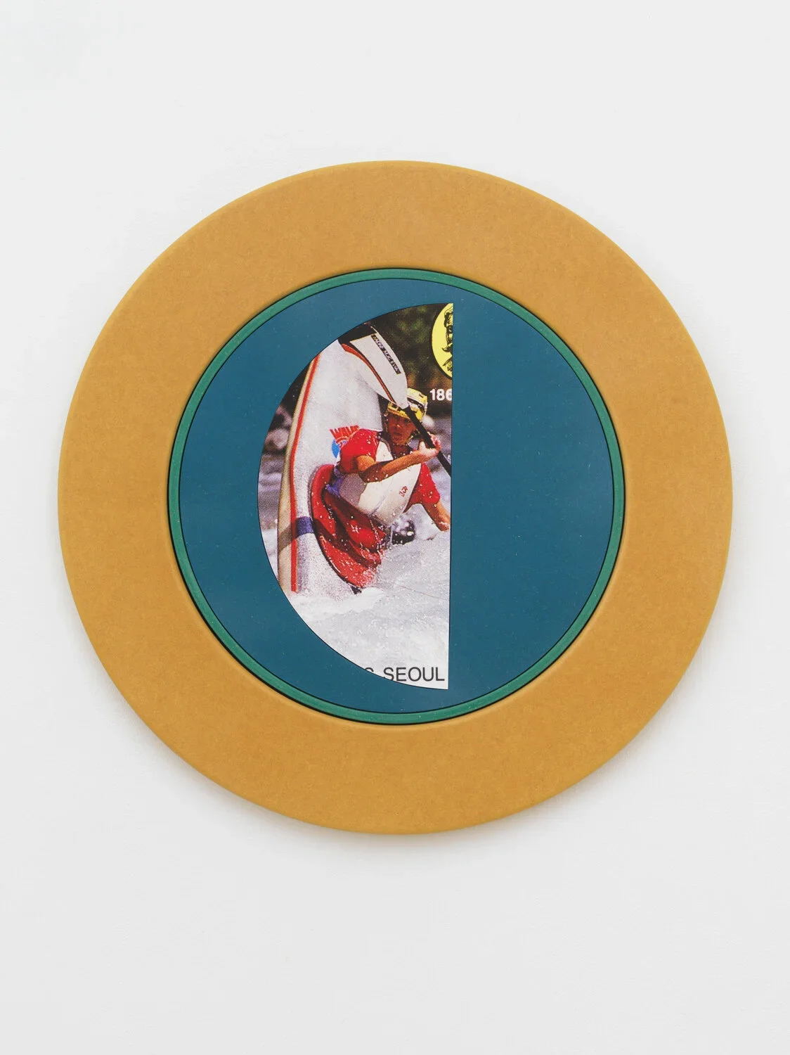 Yellow circle-Olympic kayak , 2020, Valchromat, pigment print, Dibond, wood, 30-inch diameter. Photo by Object Studies