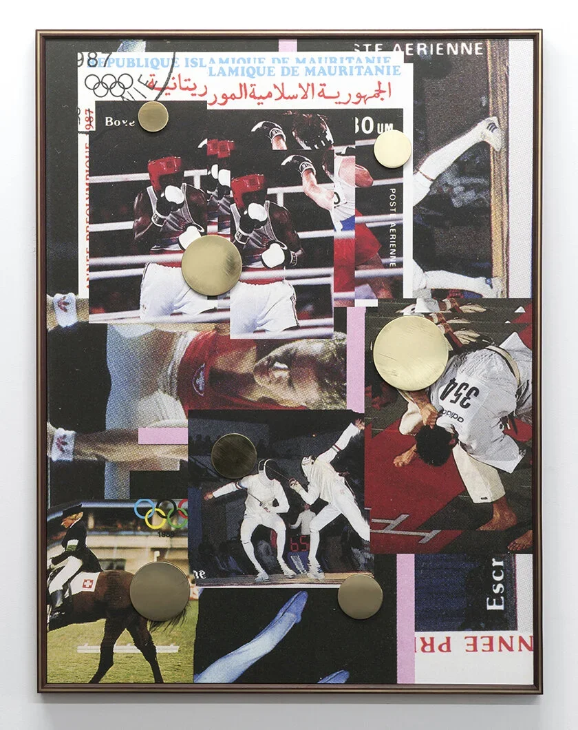 Olympia 1988 , 2017, Clear varnished archival print mounted on CNC-cut Dibond, polished brass discs, 45 x 35 inches