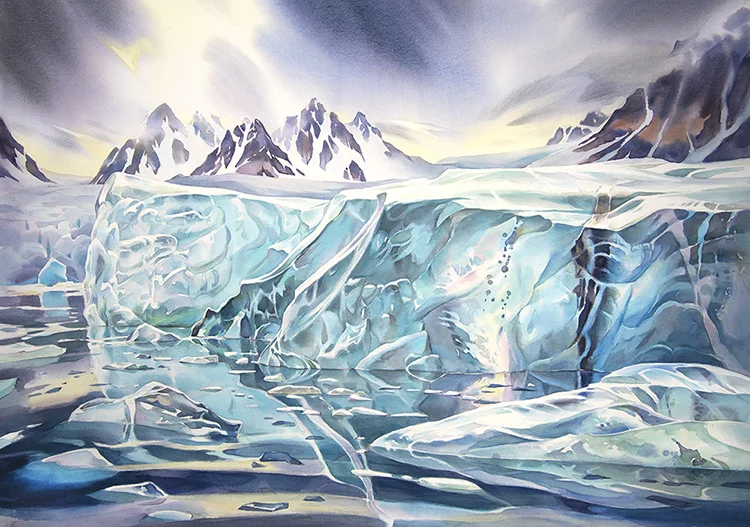 "Surfacing Ice", 20in x 30in watercolour Svalbard - Norway (available for sale)