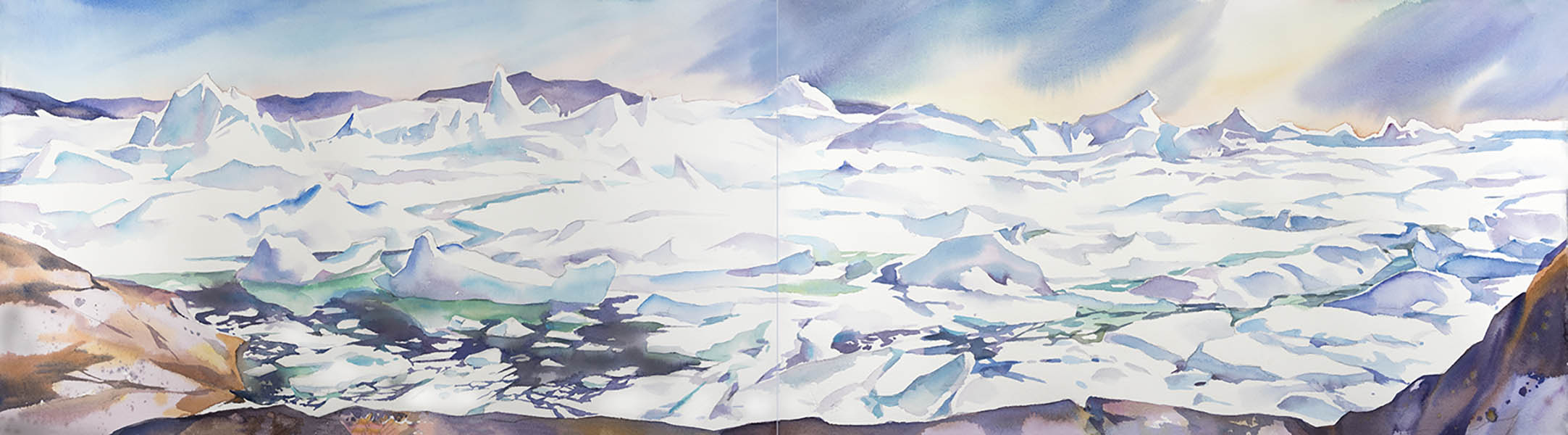 Ilulissat Ice fjord - Jacobsharvn glacier, 15 x 44in watercolour, diptych - Greenland (available for sale)