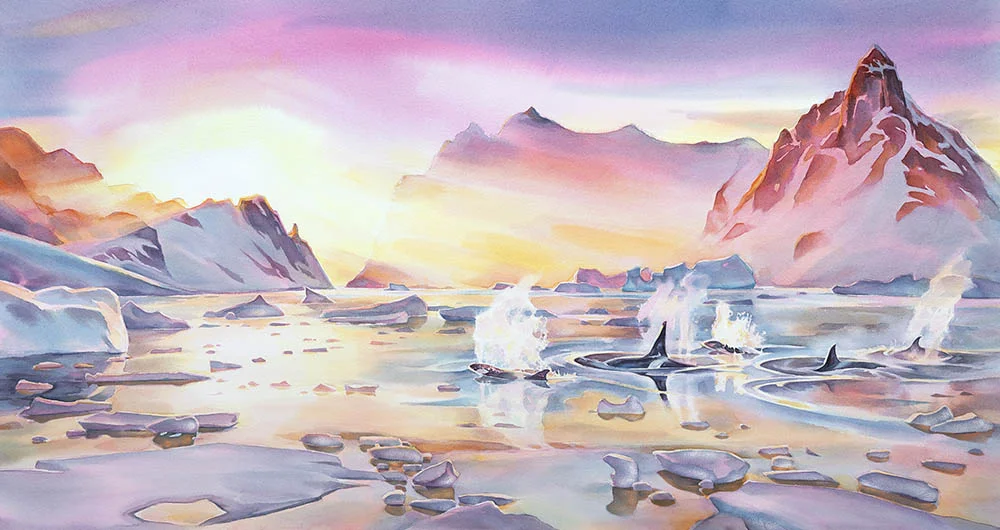 New studio painting, “Emergence”, 26 x 47inches watercolour - Antarctic Peninsula (available for sale)