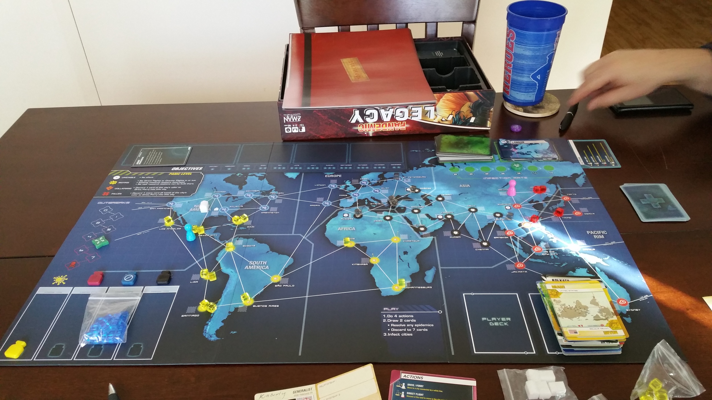 Game 1 ended with a loss when we ran out of cards in the deck. Lesson learned. One disease eradicated.