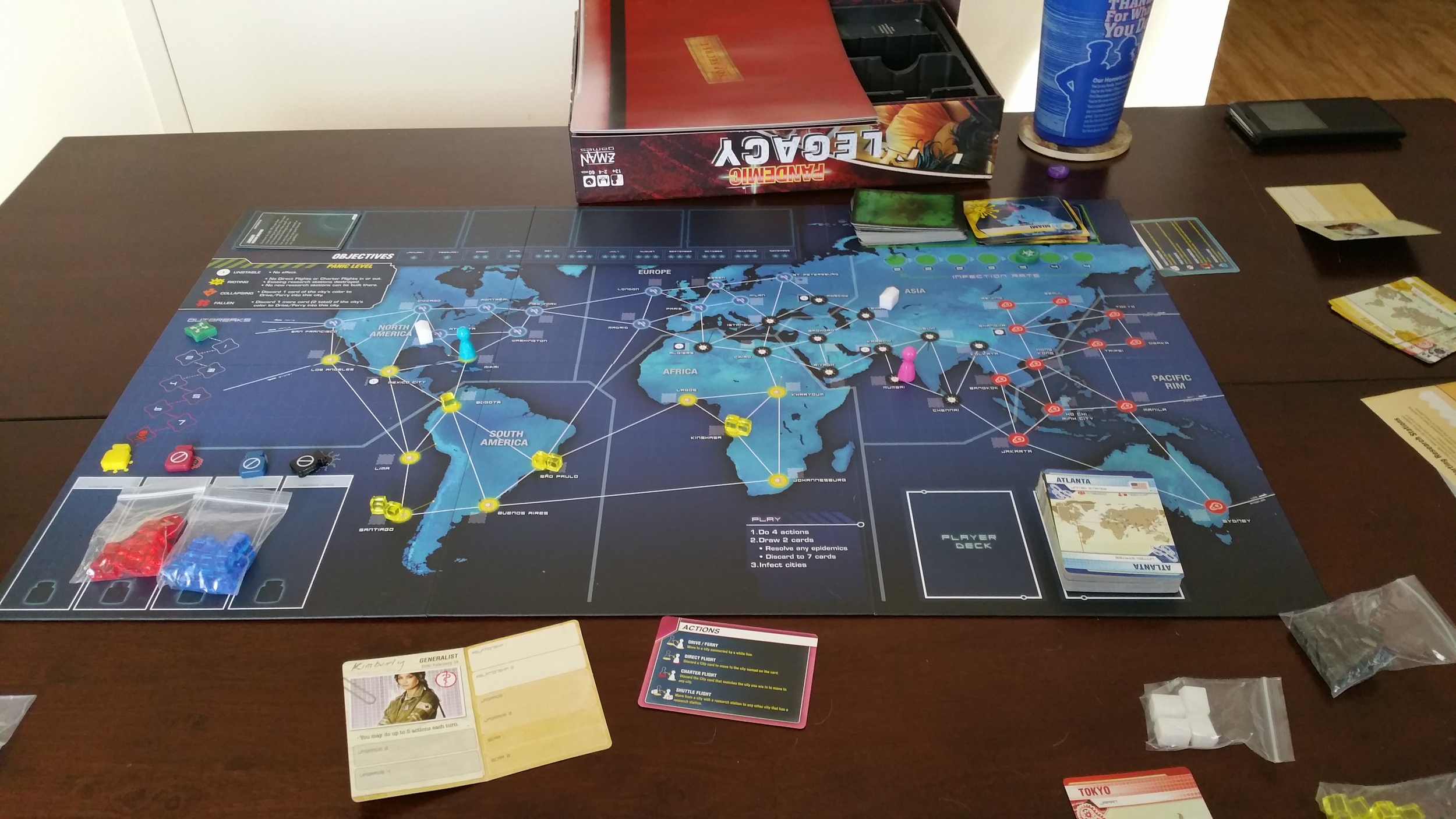 Game board 2 ending. Another lose, but we managed to cure ALL the diseases and eradicate 3. Ran out of cards in the deck again. Bummer.