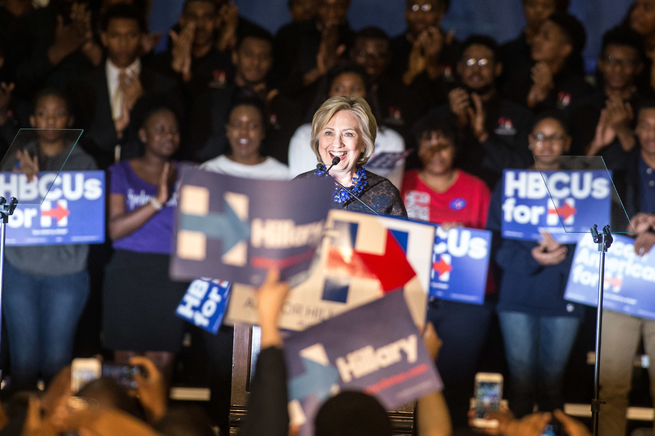 Democratic presidential candidate Hillary Rodham Clinton speaks at Clark Atlanta University during an "African Americans for Hillary" grassroots event in Atlanta, Friday, Oct. 30, 2015. (Photo by Branden Camp)