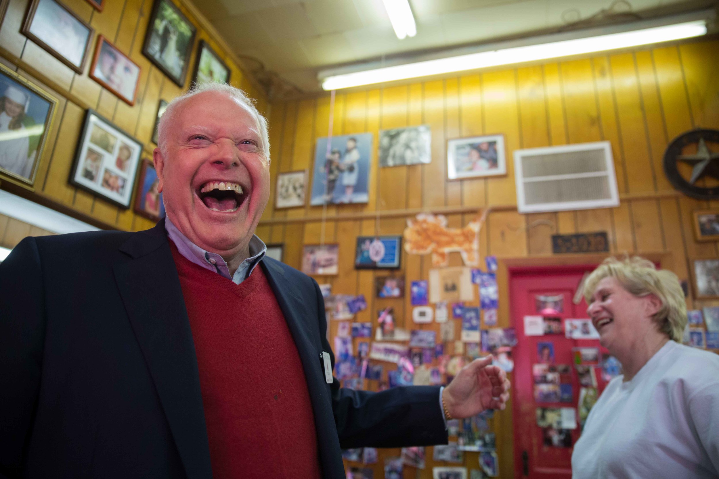 Joe McCutchen, supporter of Republican presidential candidate Ted Cruz, laughs with his barber Marcelle Lowry at City Barber Shop, Saturday, Dec. 5, 2015, in Ellijay, Ga. BRANDEN CAMP FOR THE BOSTON GLOBE