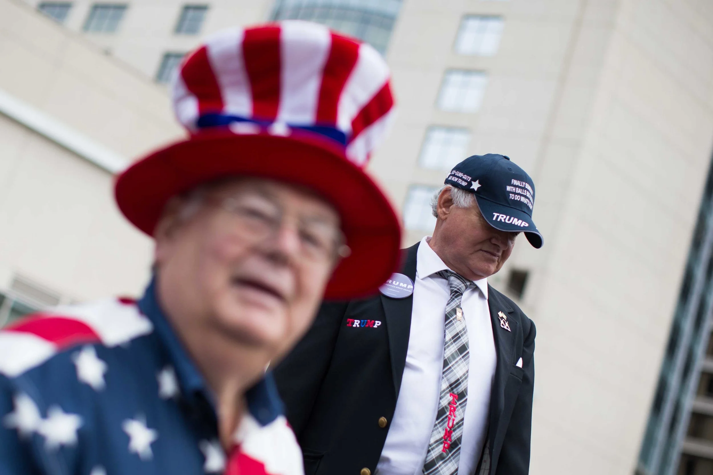 Danny Merck, right, and Ed Edwards wait in line to see Republican presidential candidate Donald Trump speak at a campaign rally at the Georgia World Congress Center, February 21, 2016 in Atlanta, Georgia. Trump won decisively in the South Carolina Republican Presidential Primary, the 'first in the south.' Branden Camp/Getty Images