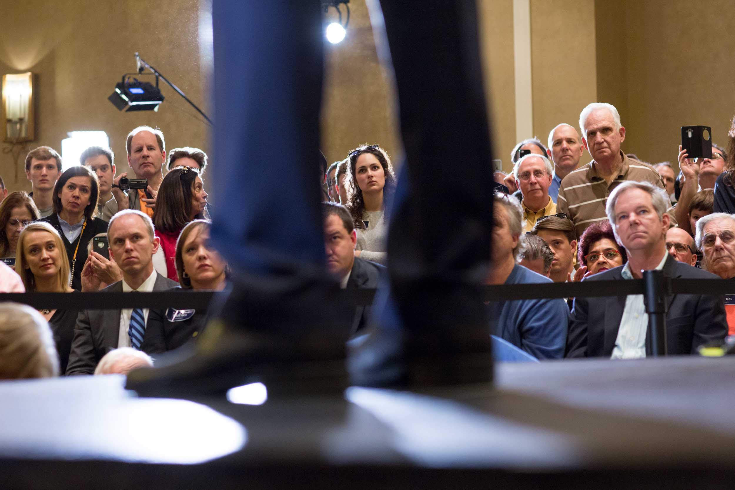 Attendees watch as Republican presidential candidate Sen. Marco Rubio (Fla.) speaks during a campaign rally in Atlanta.