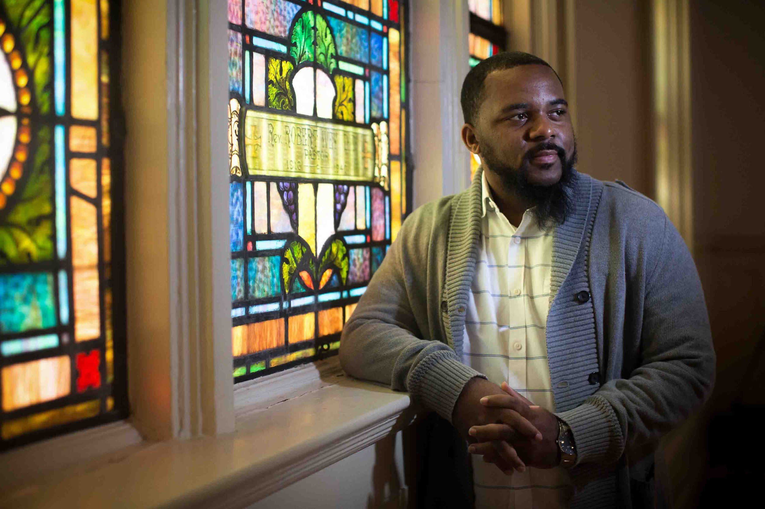 Billy Honor, pastor of Pulse Church, poses for a portrait before a worship service at his church, Sunday, Nov. 13, 2016, in Atlanta. Branden Camp / for NBC News