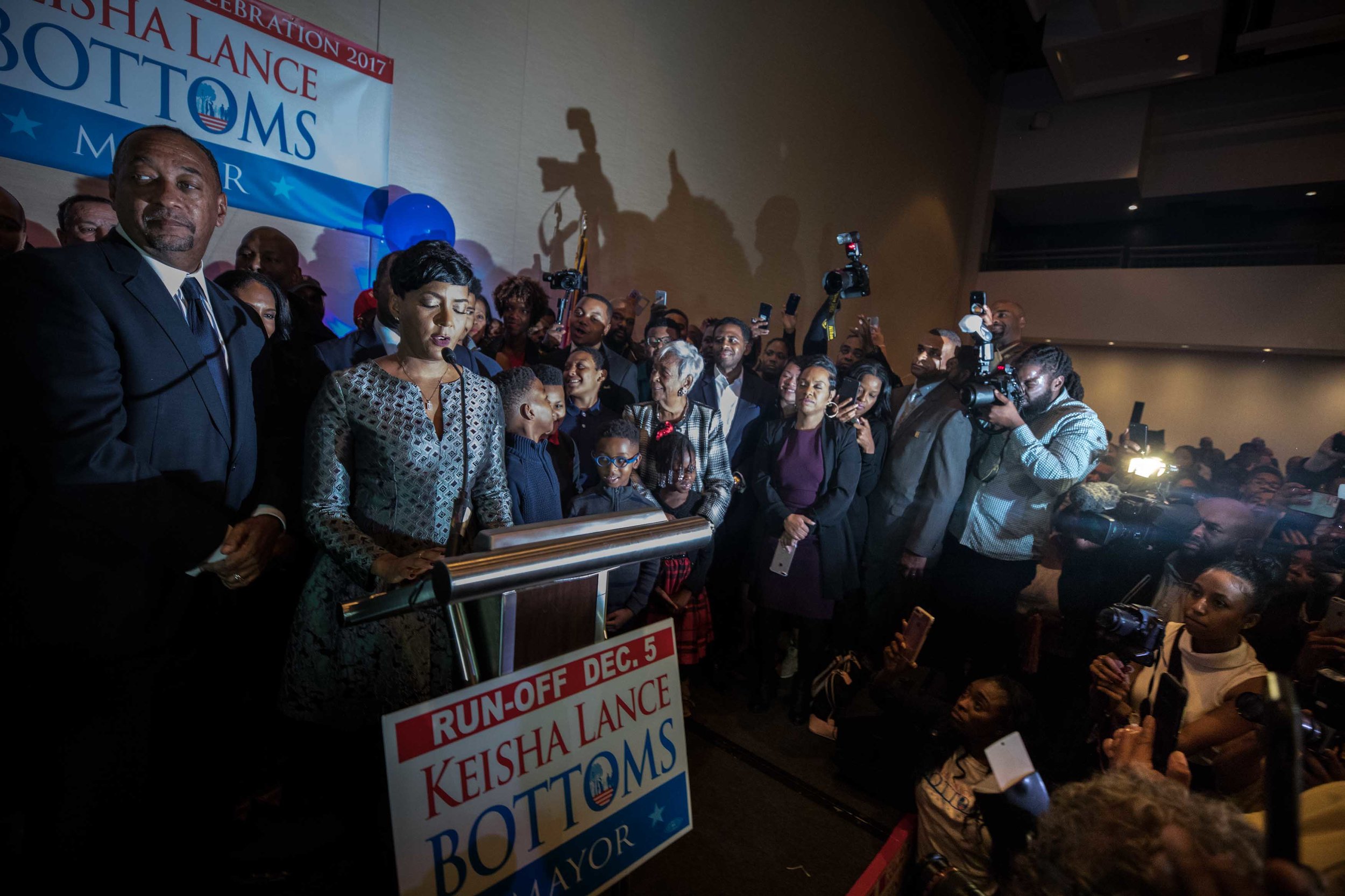 Bottoms speaks to supporters during her election night party.