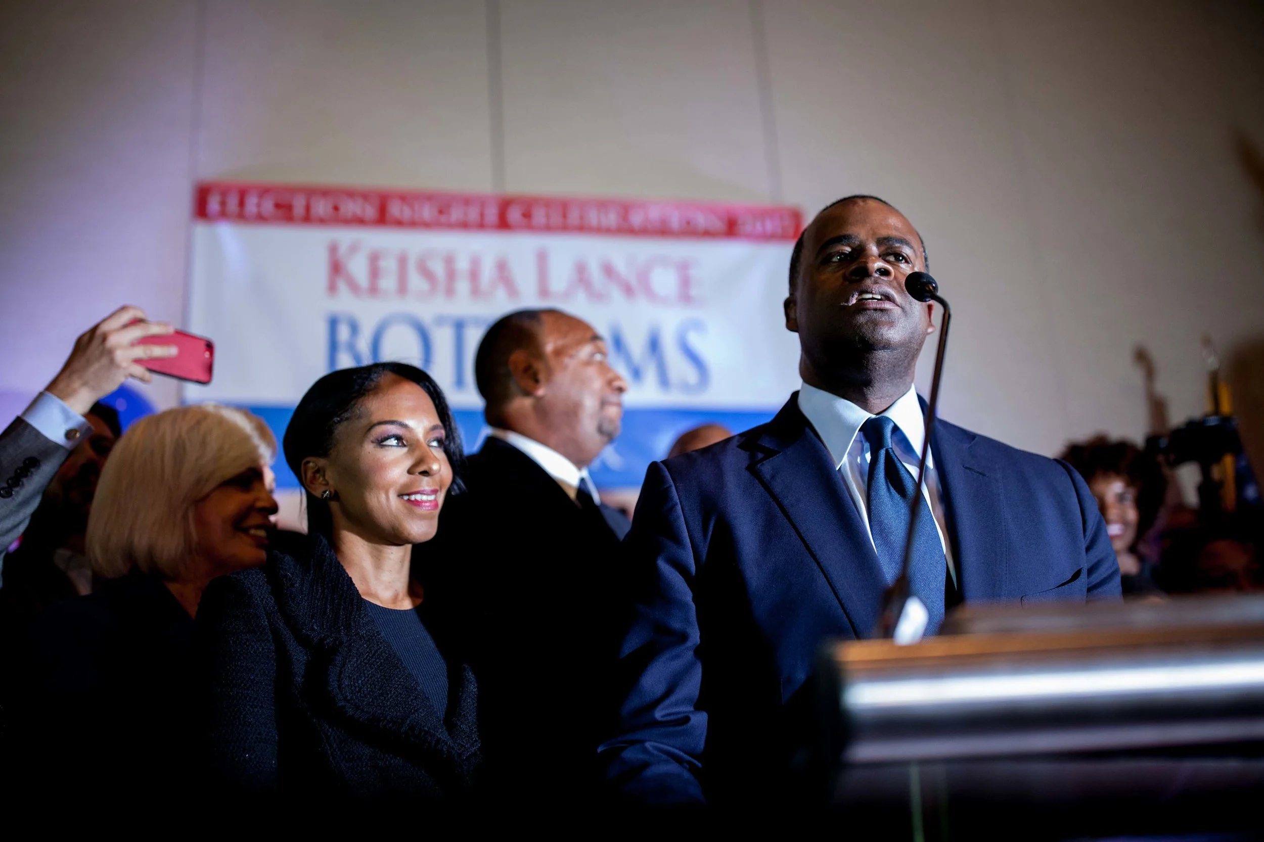 Kasim Reed introduces Keisha Lance Bottoms during an election night party.