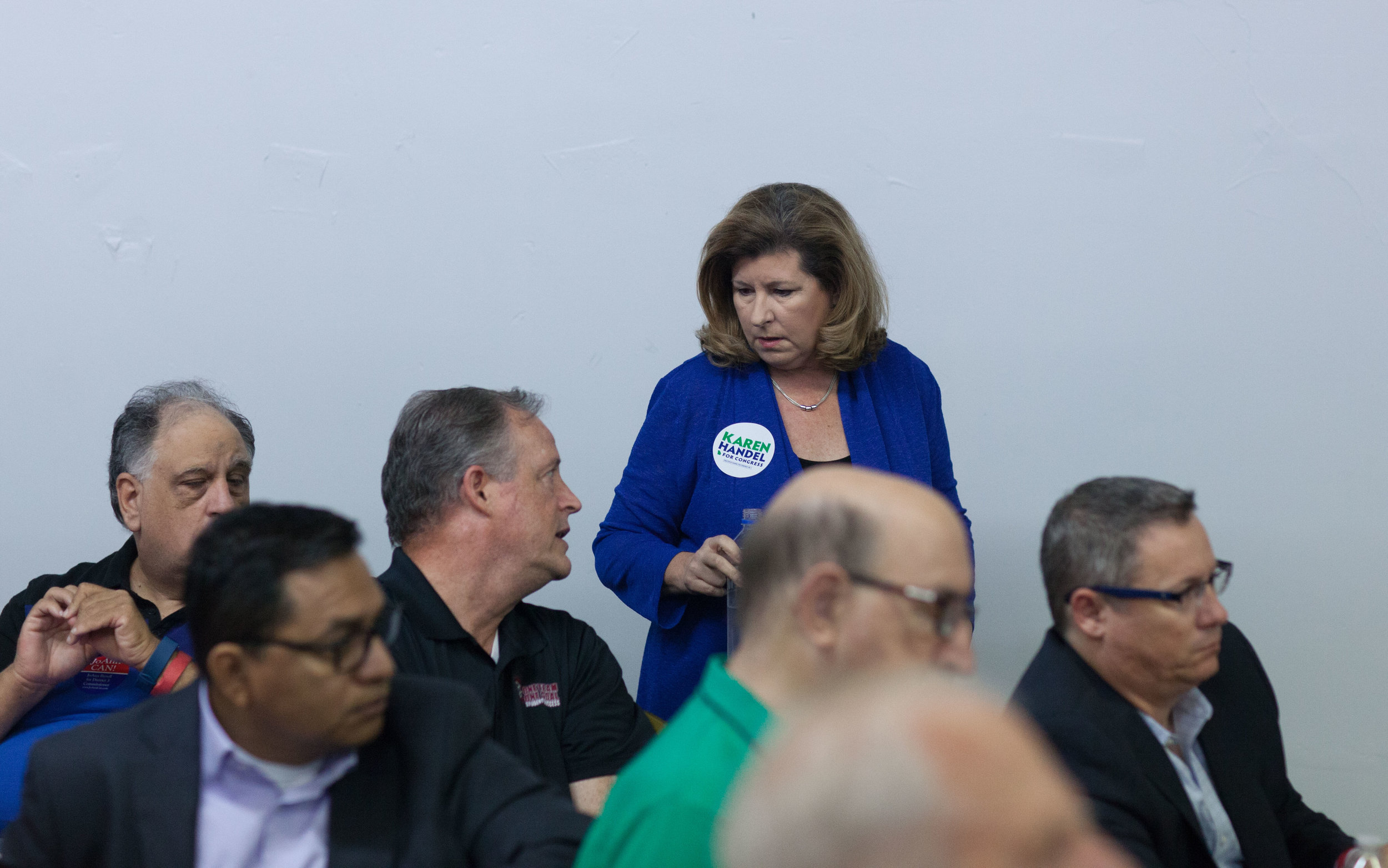 Rep. Karen Handel greets guest during a breakfast meet and greet at the Cobb County GOP headquarters, Saturday, Oct.6, 2018, in Marietta, Ga.