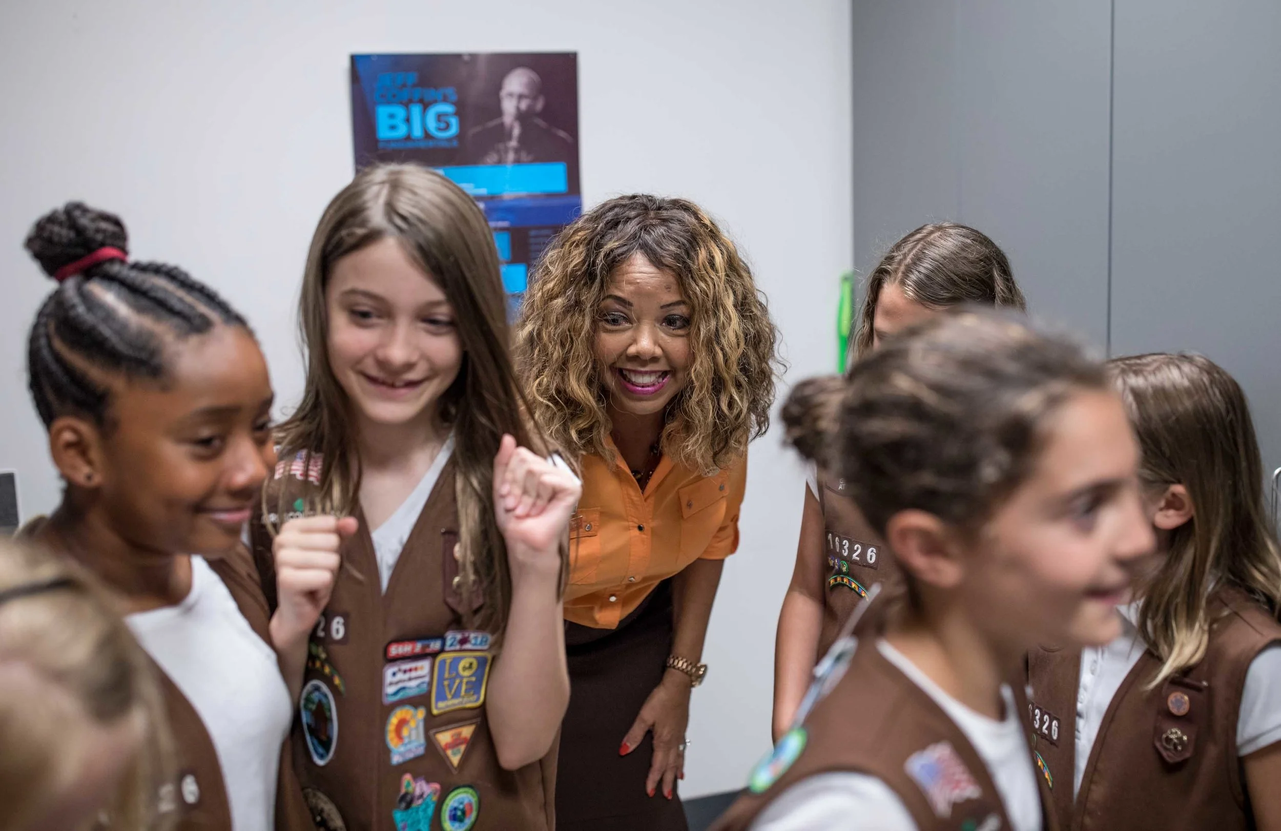 Rep. Lucy McBath, D-Ga., speaks with a group of Girl Scouts before holding a town hall meeting at Dunwoody High School on Saturday, June 8, 2019 in Dunwoody, Ga. Branden Camp for AJC