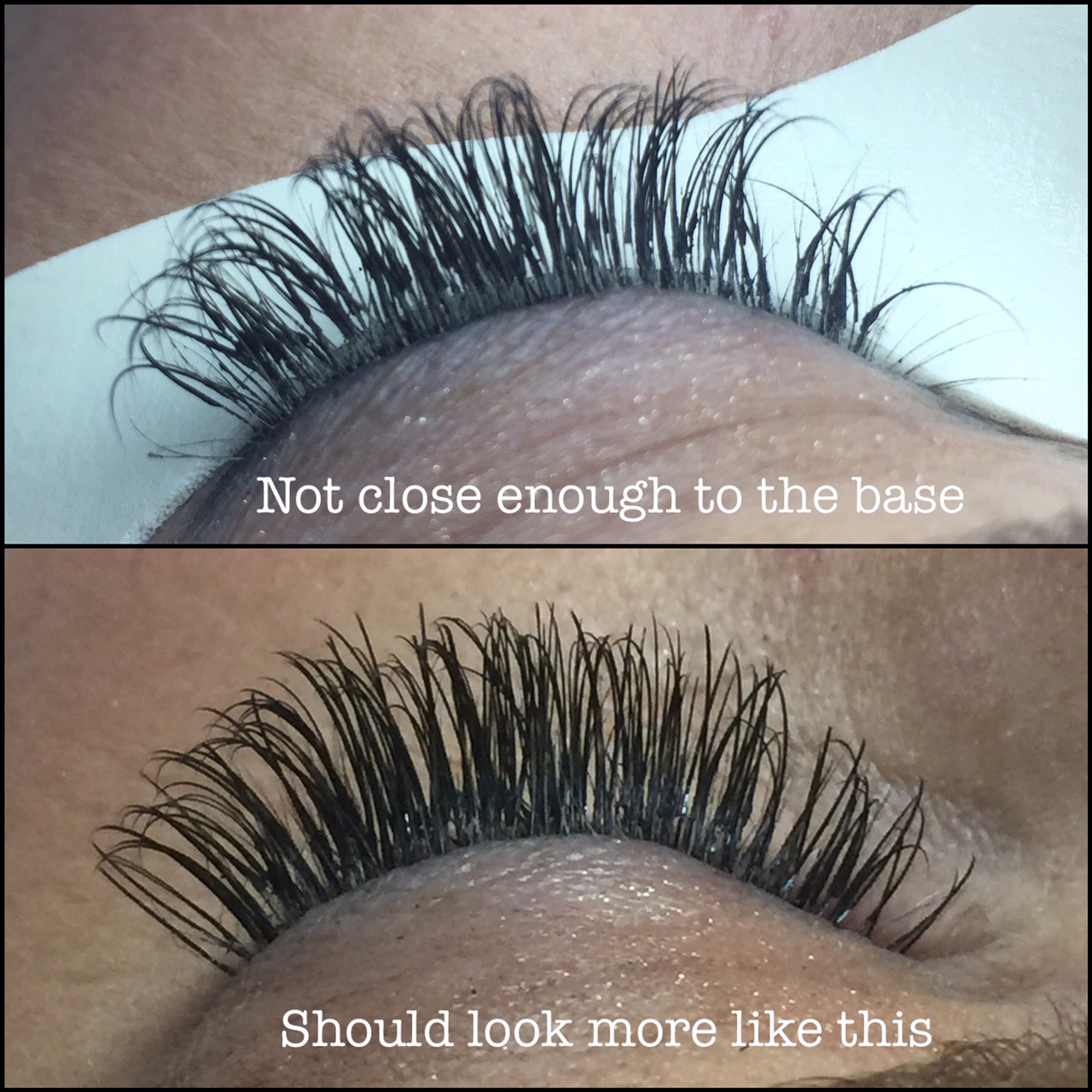 You can see the distance between the lash line (where lashes meet the eyelid) and where the base of the extension starts. This is what healthy growth will also look like. Lashes that become grown out like this need to be removed during fills. 