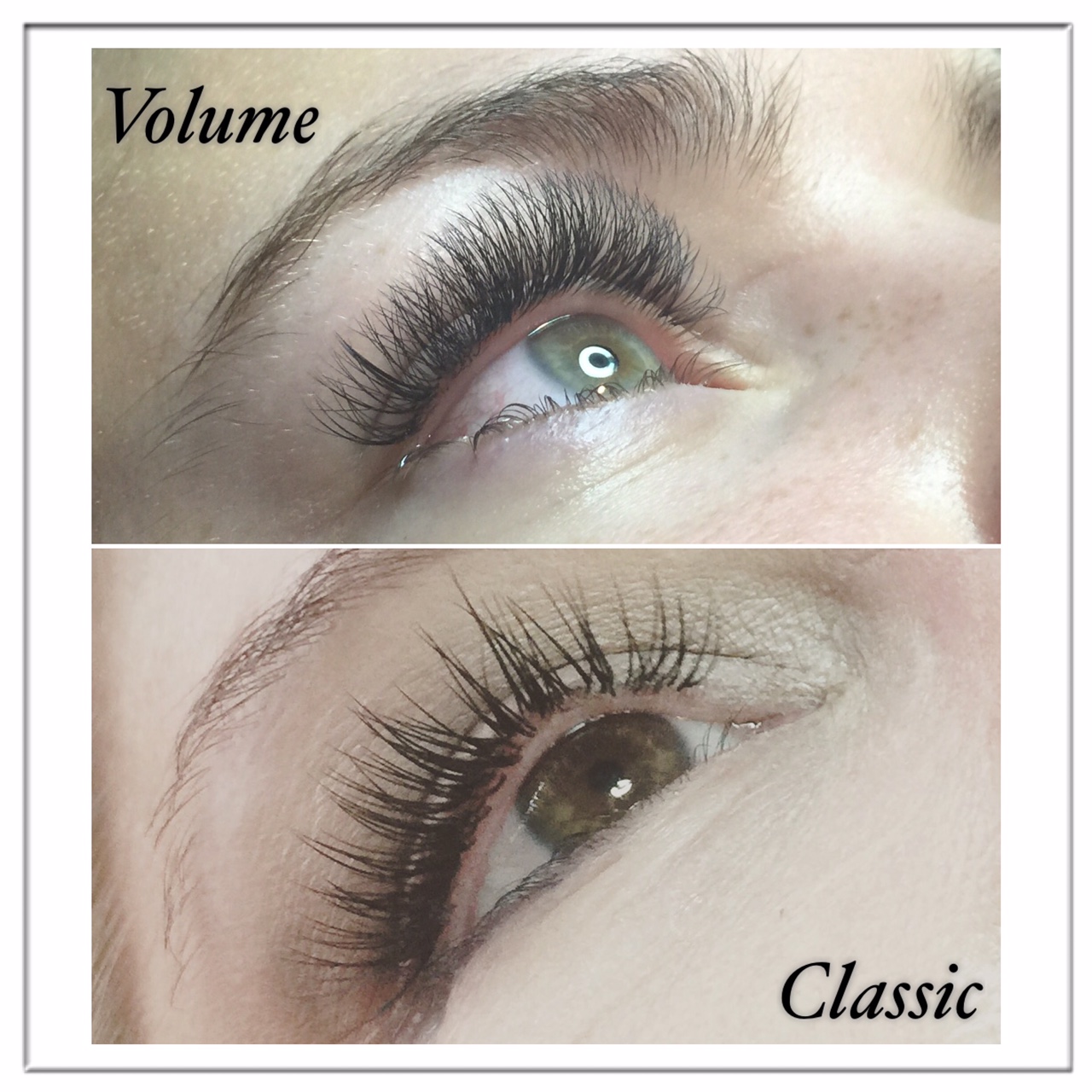 Every length, diameter, and curl is going to look completely different on each individual. In this picture you can see that the volume lashes up top are much more fluffy and soft and the classic lashes look more like mascara.&nbsp;