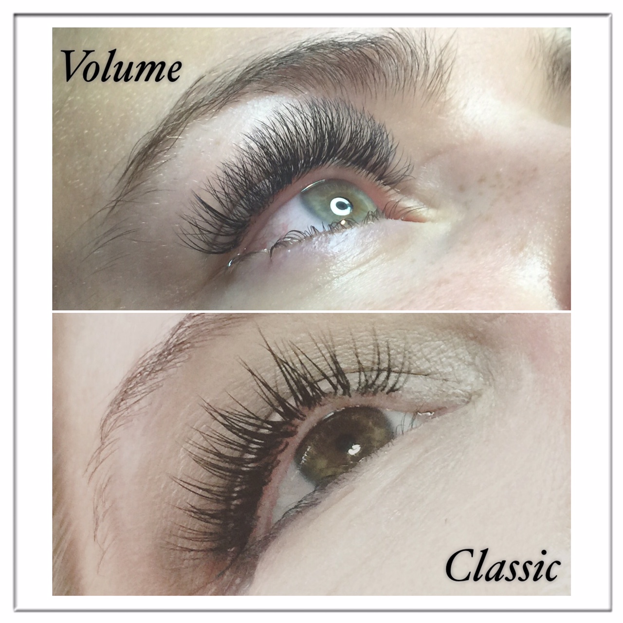 Different eyes with the same curl, length and diameter will look completely different. This volume picture has C curls and this classic picture has J curls. These clients have very different eyes and require different styles. I want you to notice how the volume lashes look much more fluffy and the classic lashes look more like amazingly applied mascara.&nbsp;