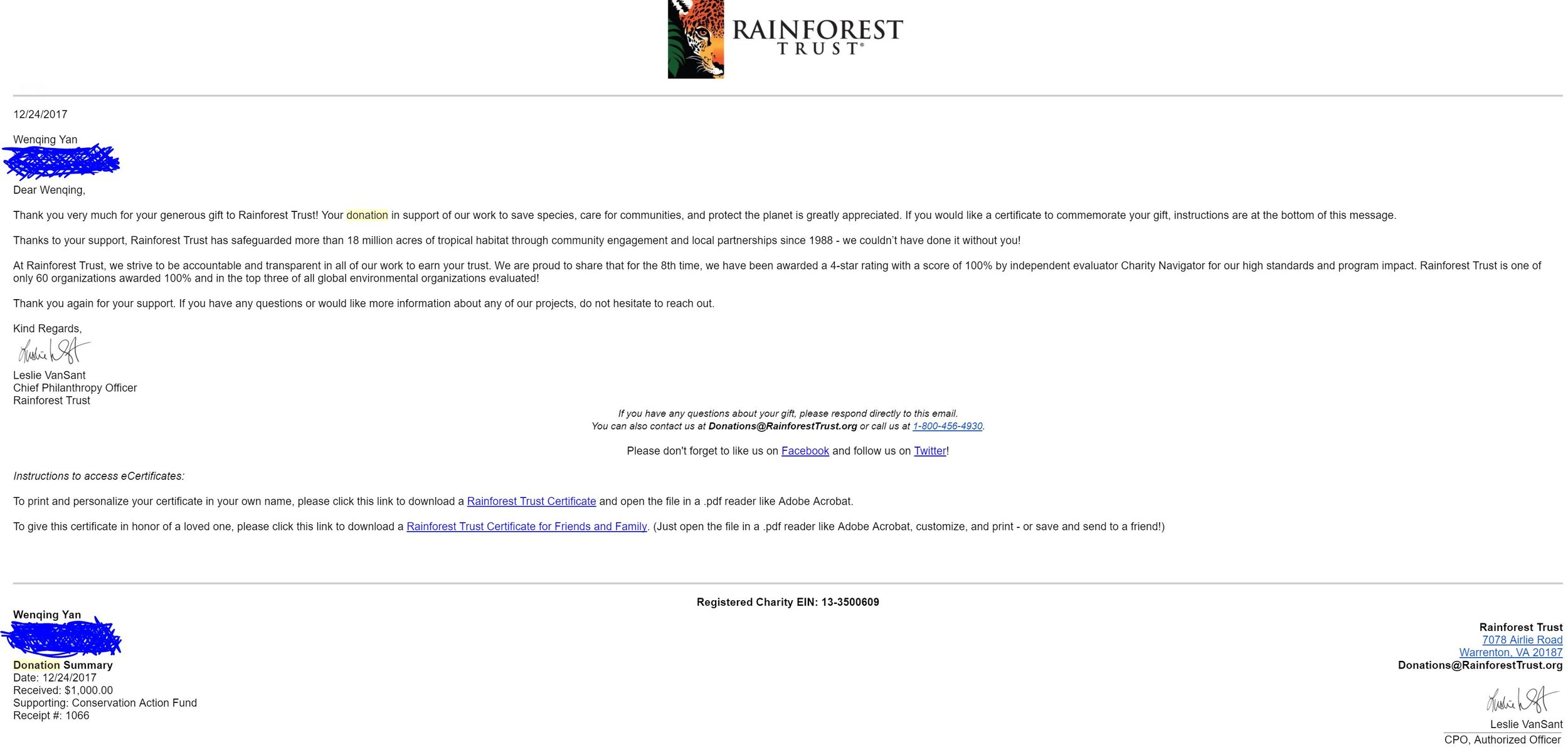 Rainforest Trust 1000 dollars.JPG
