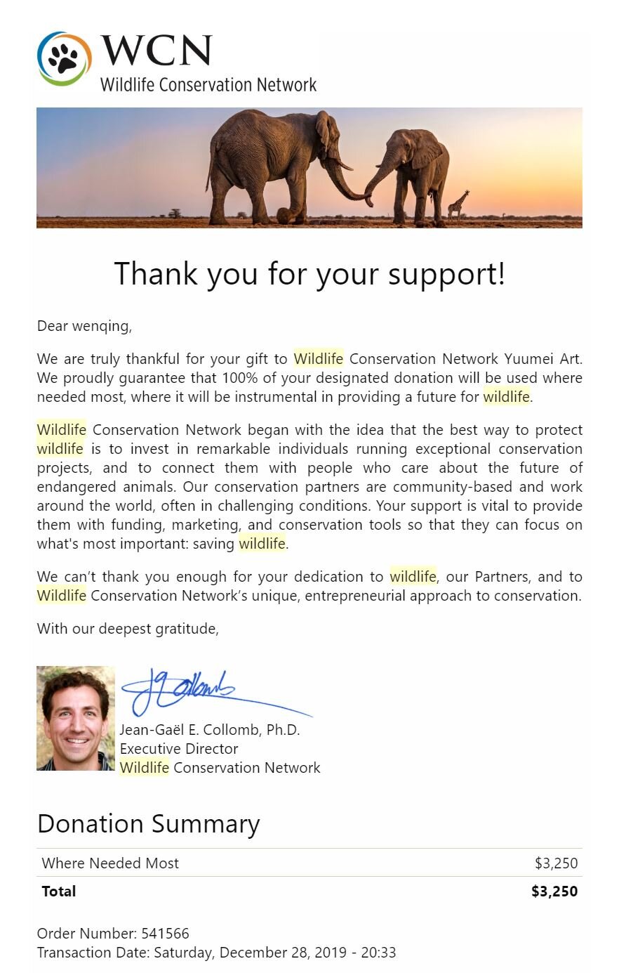 wildlife conservation network donation.JPG