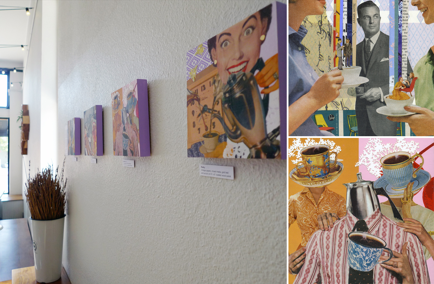 Coffee-themed installation for Lavender & Honey Espresso Bar (left) Steamy (top right) Grinders (bottom right)