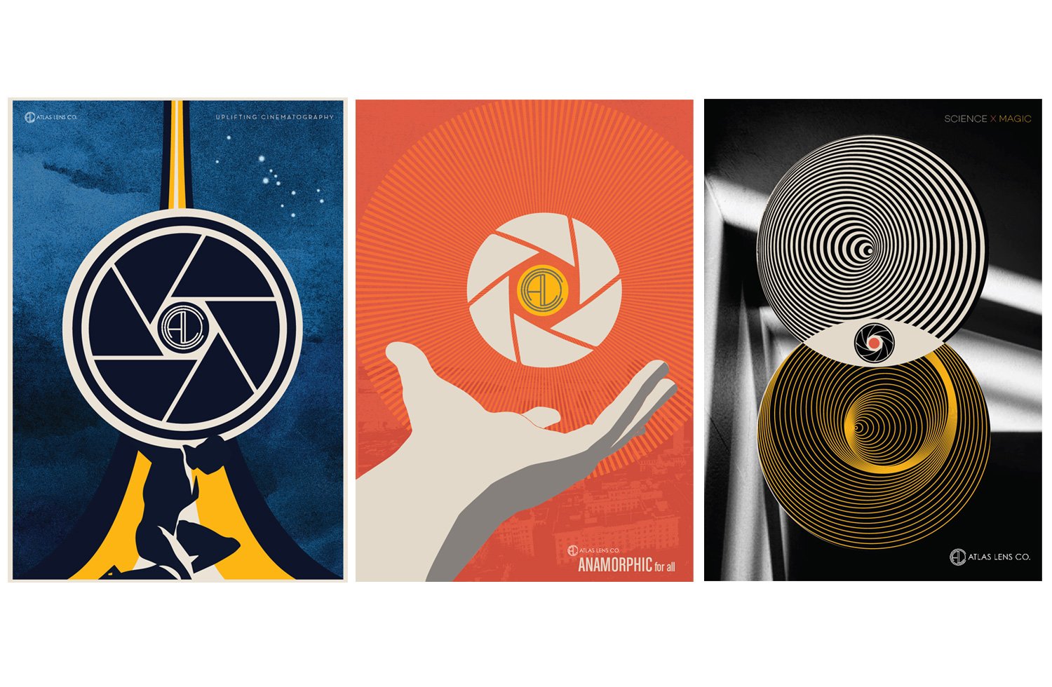  Series of proposed posters for Atlas Lens Co. maker of anamorphic lenses for TV and Film. 