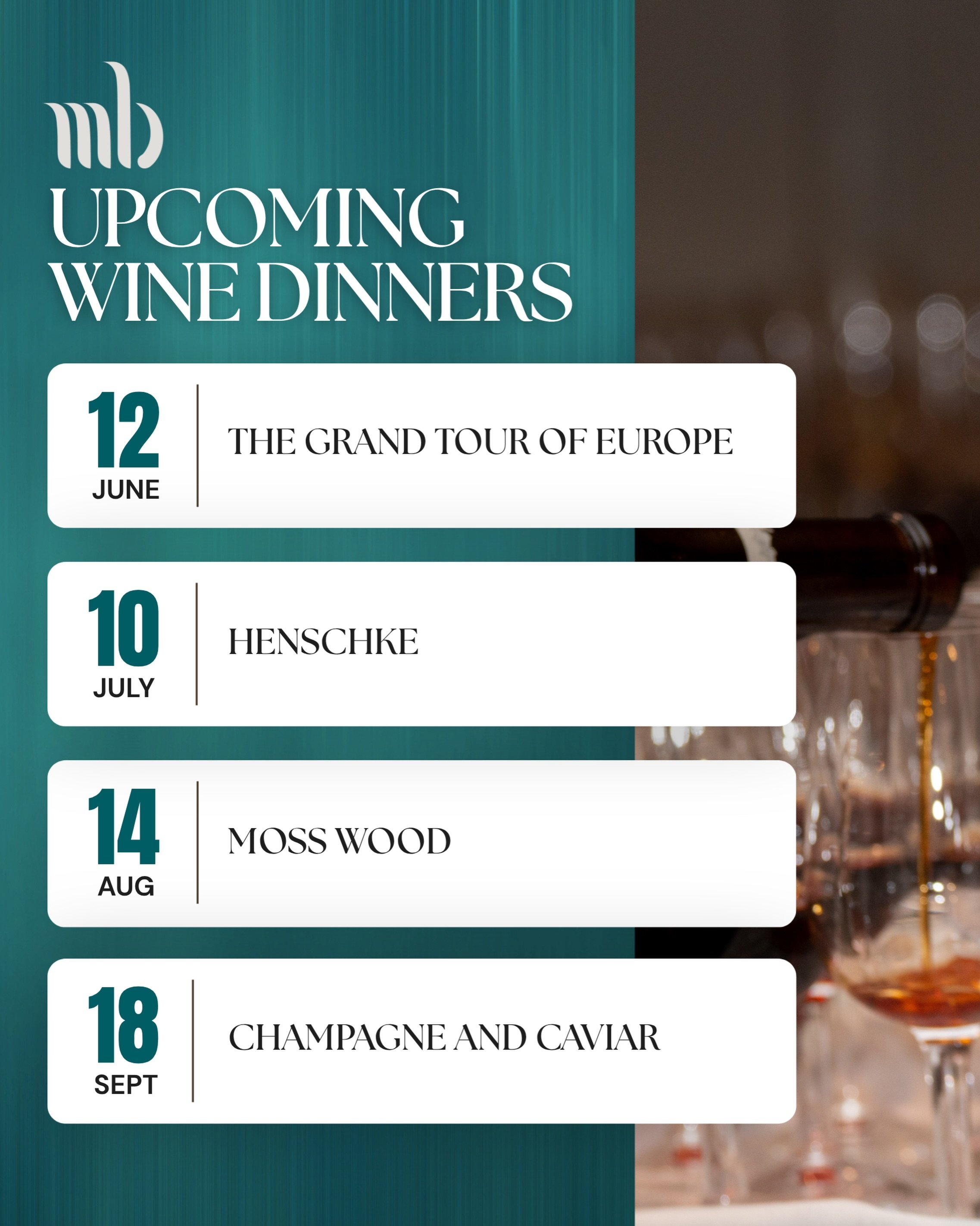 The wine dinner calendar is here🍷

Four extraordinary evenings. Four reasons to clear your diary between now and September.

First up, The Grand Tour of Europe on Friday 12th June. Five courses, five wines and five countries for $190 per person. Fra