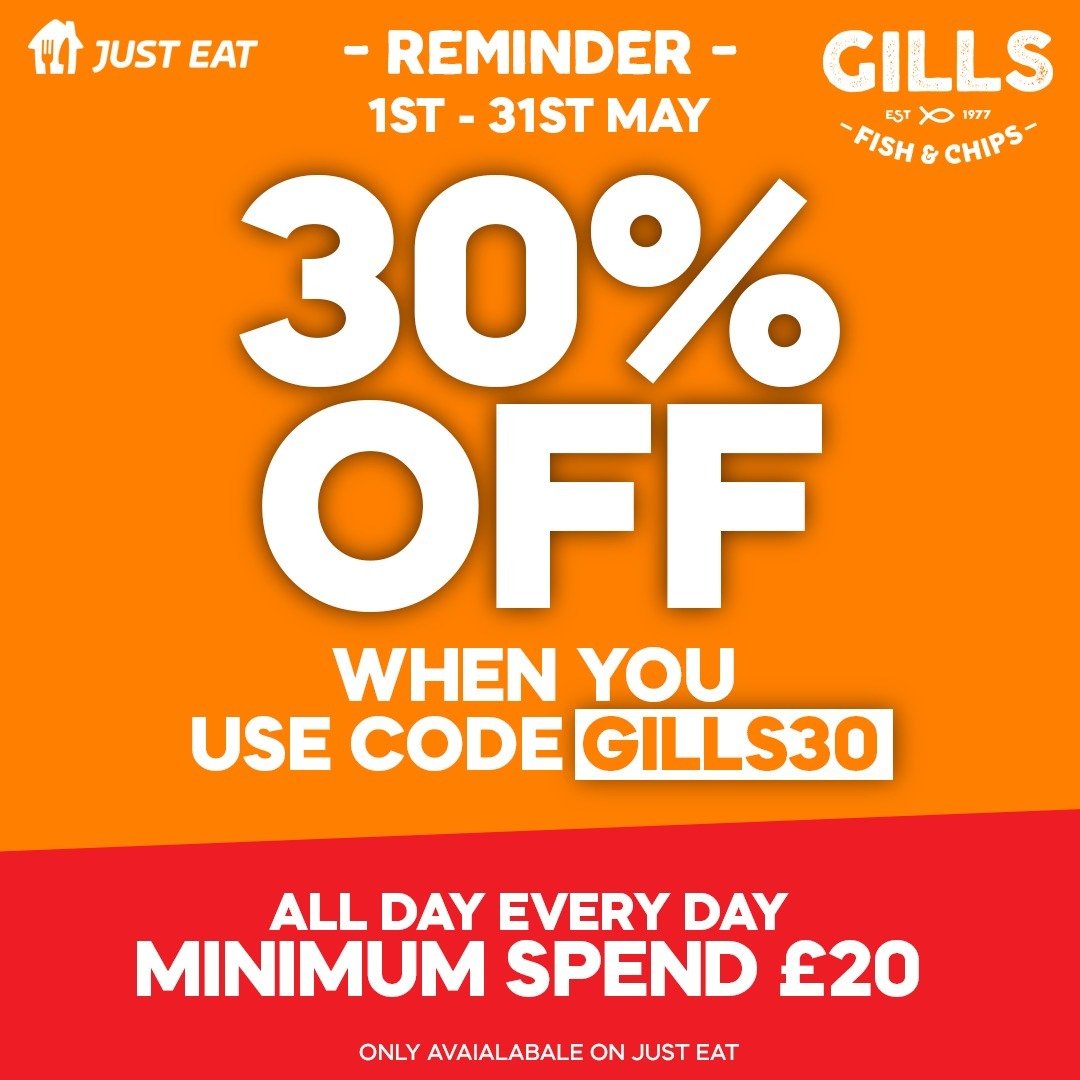 We have huge 30% OFF ALL ORDERS this month on Just Eat!

Use the code GILLS30 when you spend &pound;20 or more to get 30% off! 
You really don't want to miss this!