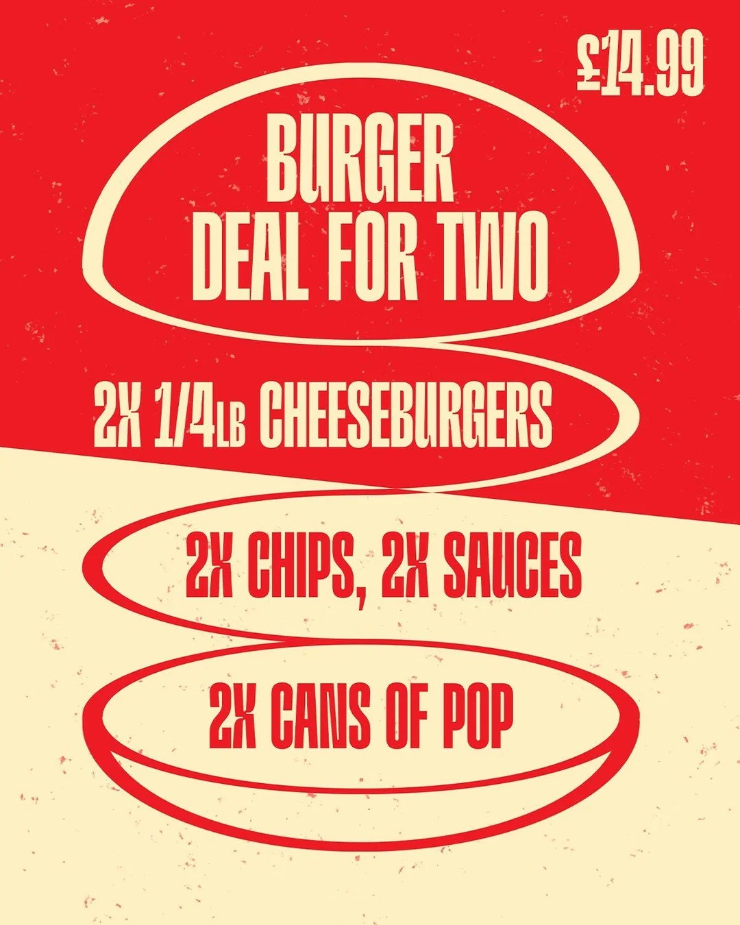 🍔 Enjoy our Burger Deal for 2! Get 2 delicious 1/4lb cheeseburgers, 2 regular chips, 2 sauces, and 2 cans of pop! Perfect for a pairr. Don't miss out! 😋🥤