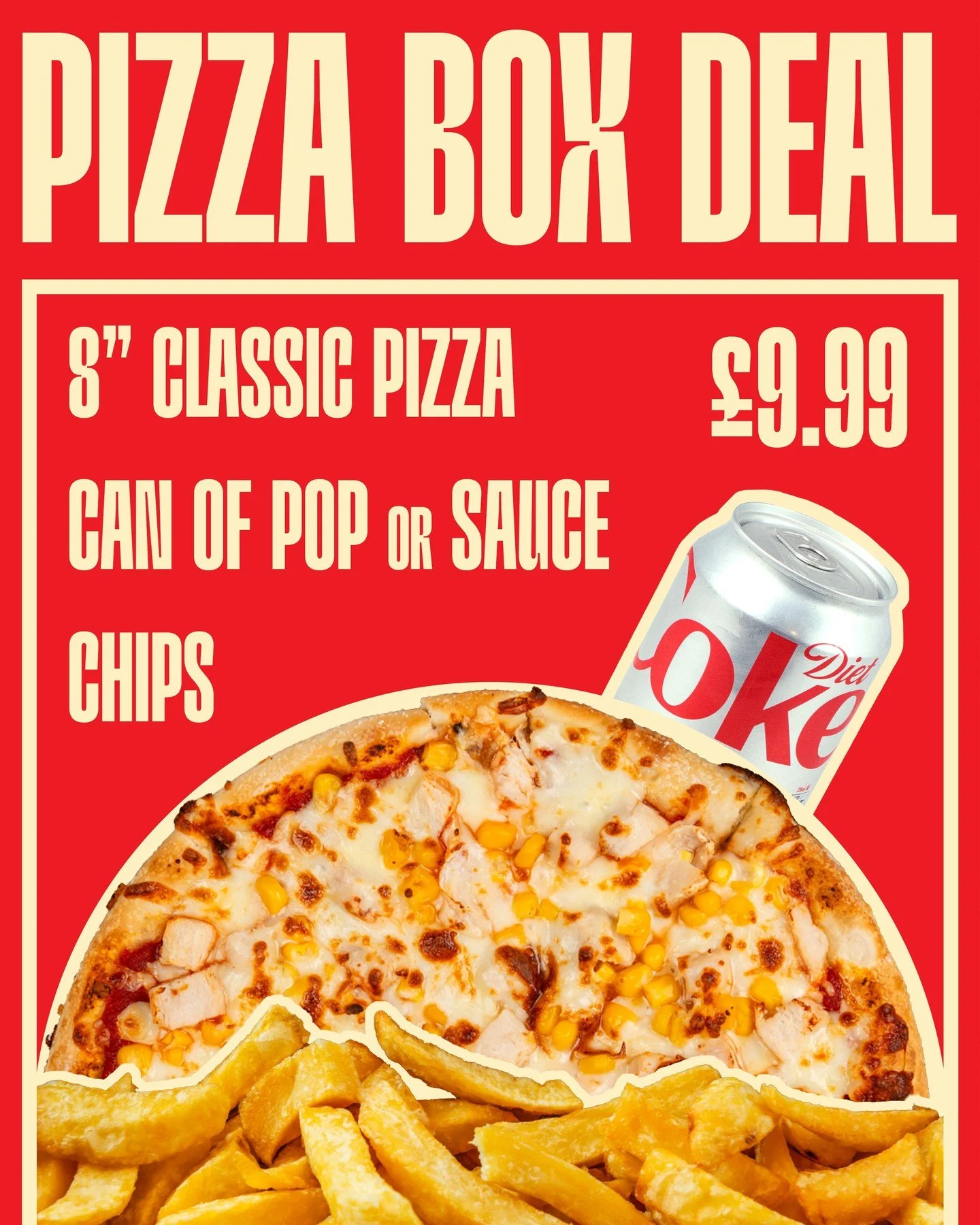 Indulge in a personal pizza and a portion of chips, all packed in a convenient 10" box! Choose between a 4oz sauce pot or a refreshing can of pop. 

Order directly through our app or online for lower prices than Uber Eats or Just Eat, plus earn 