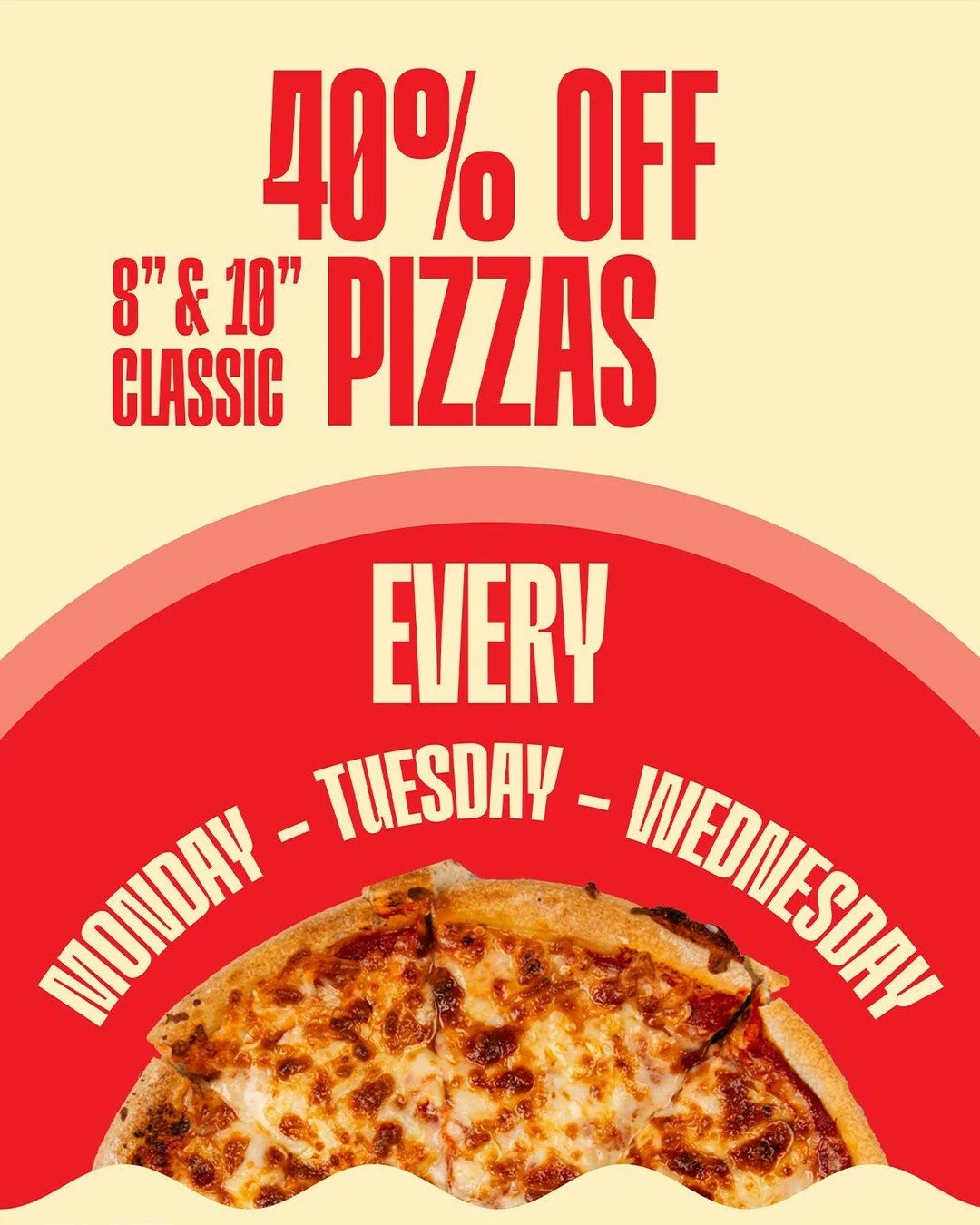 Enjoy 40% off all classic  8" &amp; 10" pizzas on Mondays, Tuesdays &amp; Wednesdays. Every single week

Order online at www.gills.fish to earn rewards on your purchase and save even more on each order.