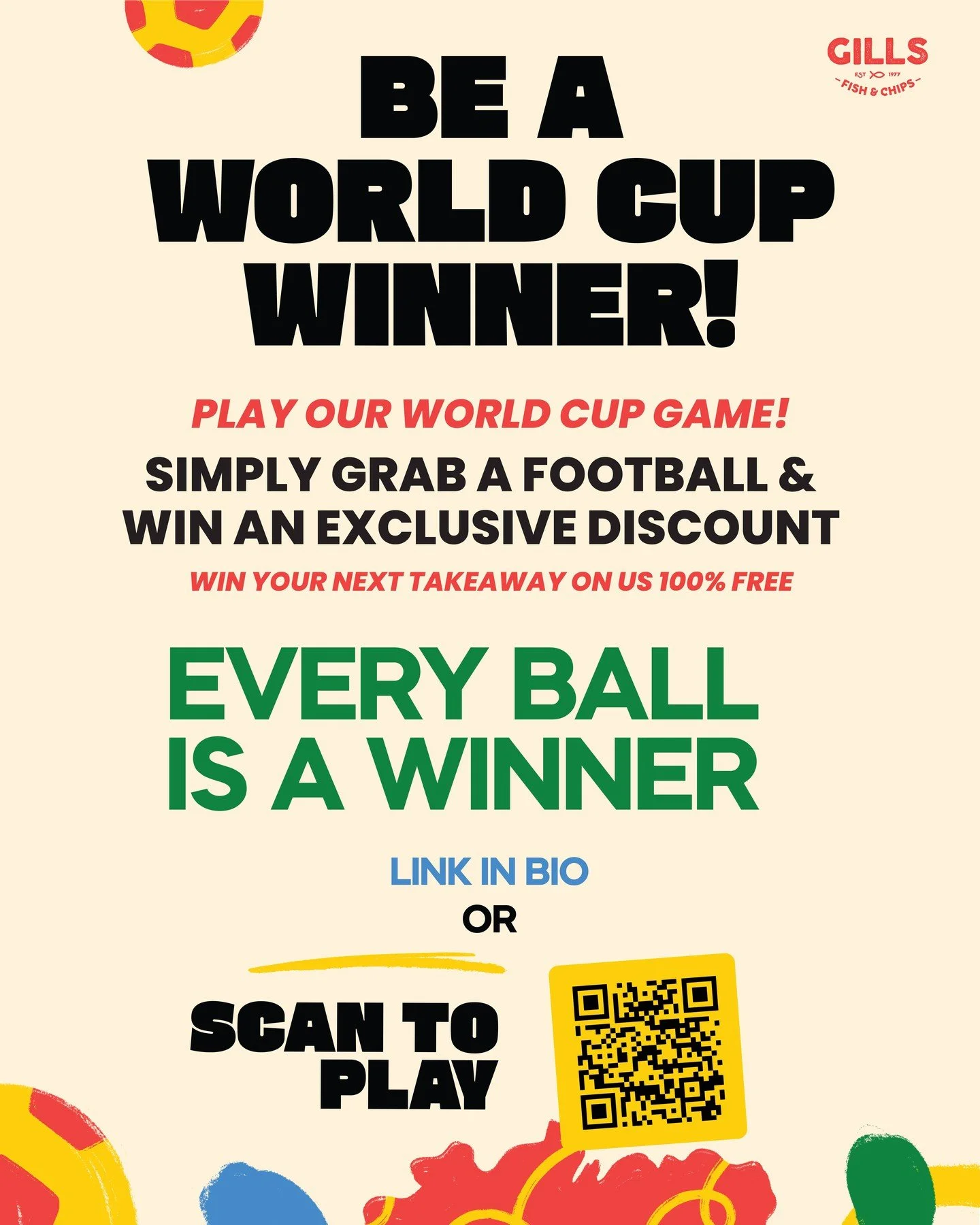 The time has come! ⚽🗽
Get your pre-match feast in with a MEGA discount.
Win money off your order valid across the ENTIRE World cup finals

Only available with online orders &amp; via our app GILLS FISH &amp; CHIPS