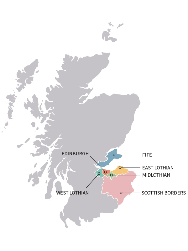 Map of Scotland highlighting the City and South East regions
