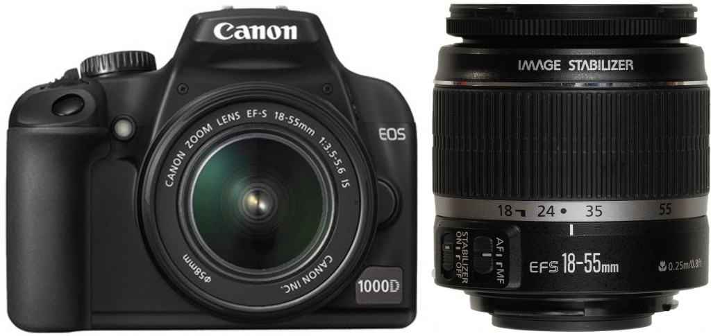 Canon EOS 1000D with EF-S 18-55mm lens attached & the EF-S 18-55mm lens 