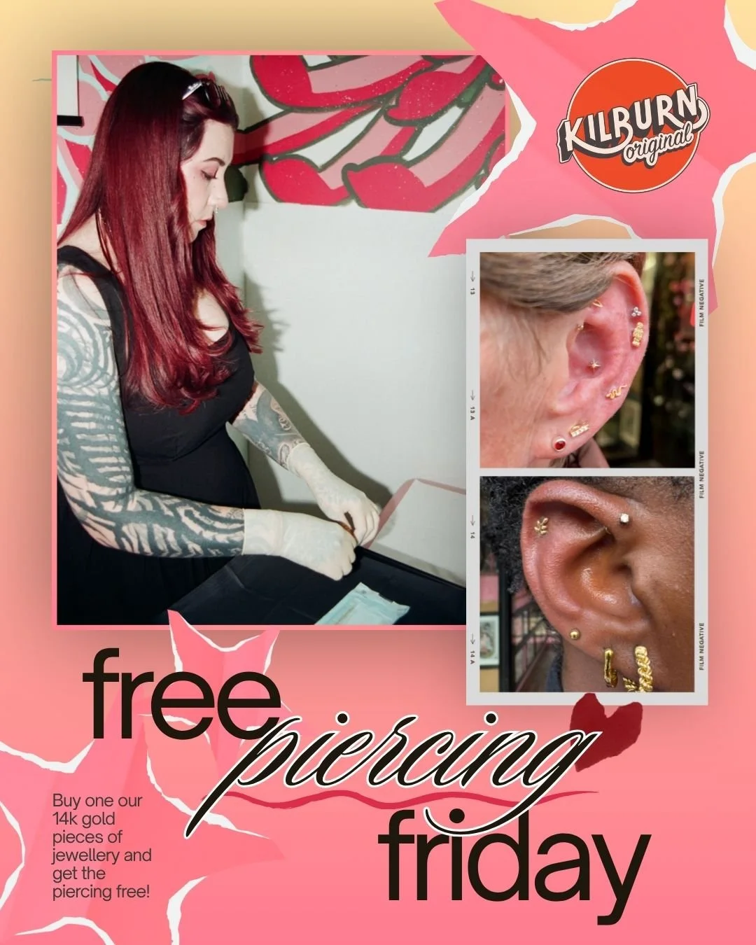Promotional poster for a jewelry sale featuring a woman with red hair and tattoos, and close-up images of various ear piercings with gold jewelry. Text indicates a free piercing on Friday with the purchase of 14k gold jewelry.