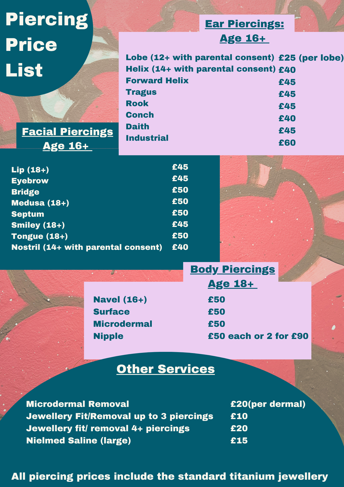 A price list for piercing services on a colorful, abstract background. The list includes prices for ear, facial, body piercings, and other services, with details on age restrictions and costs.