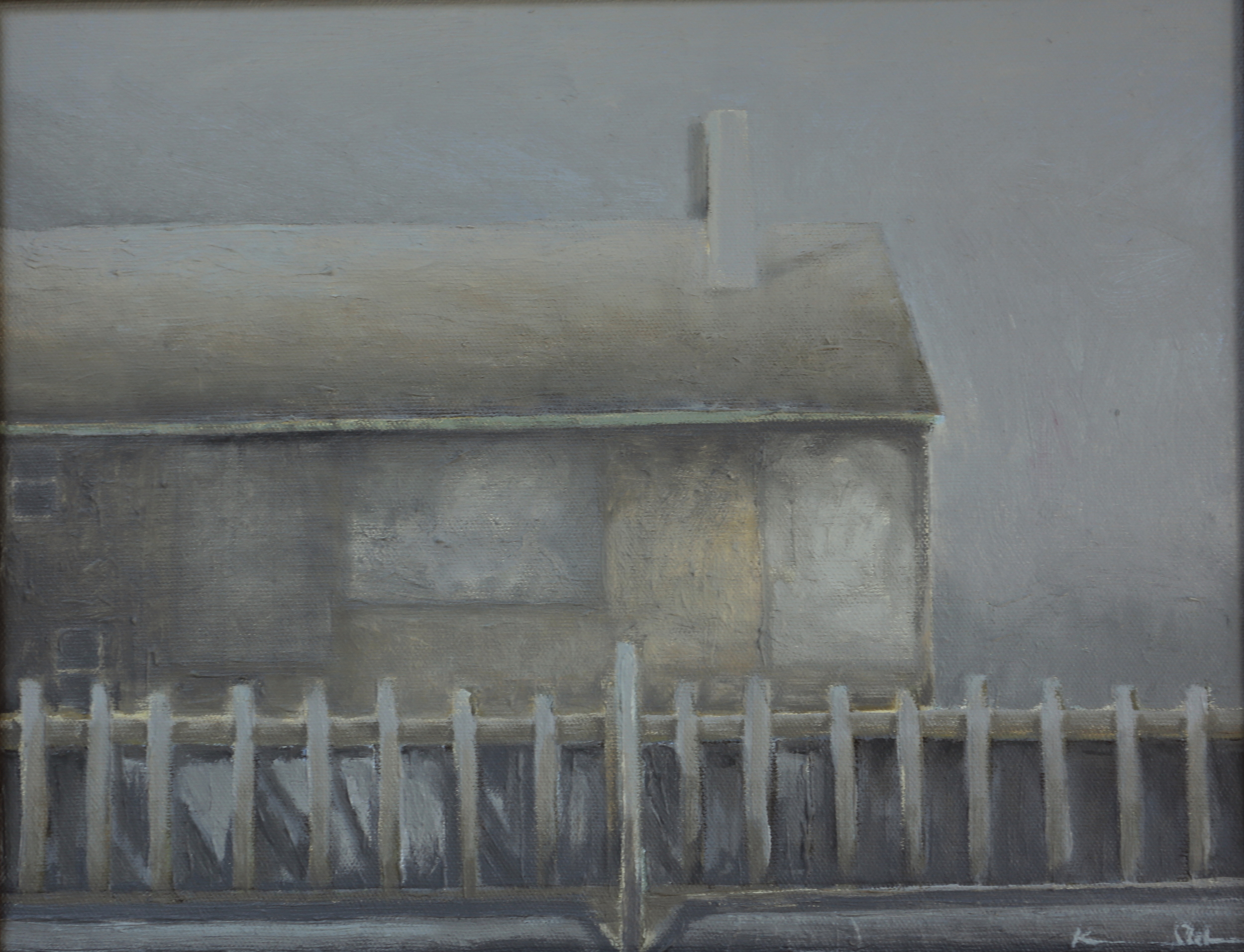 Boathouse in Fog 11 X 14 oil on board (SOLD)