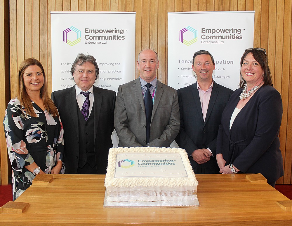 Empowering Communities staff and trustees at the launch of the new company. From l-r: Laura O’Dowd, Joe Simpson, Colm McDaid, Steve Pollard, Sheenagh McNally.