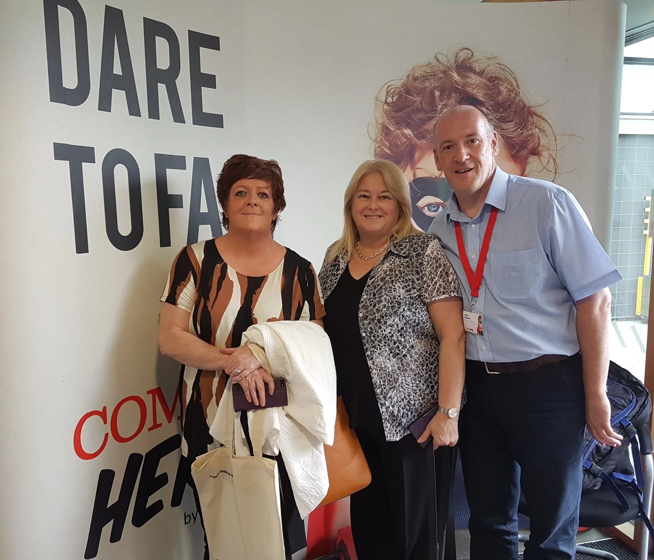 Deirdre Crawford, Linda Watson, and COlm McDaid arrive in London for Comms Hero 2017