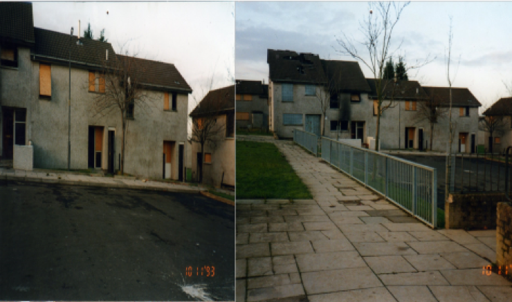 Boarded up and burnt out houses on the estate in the early 90’s.