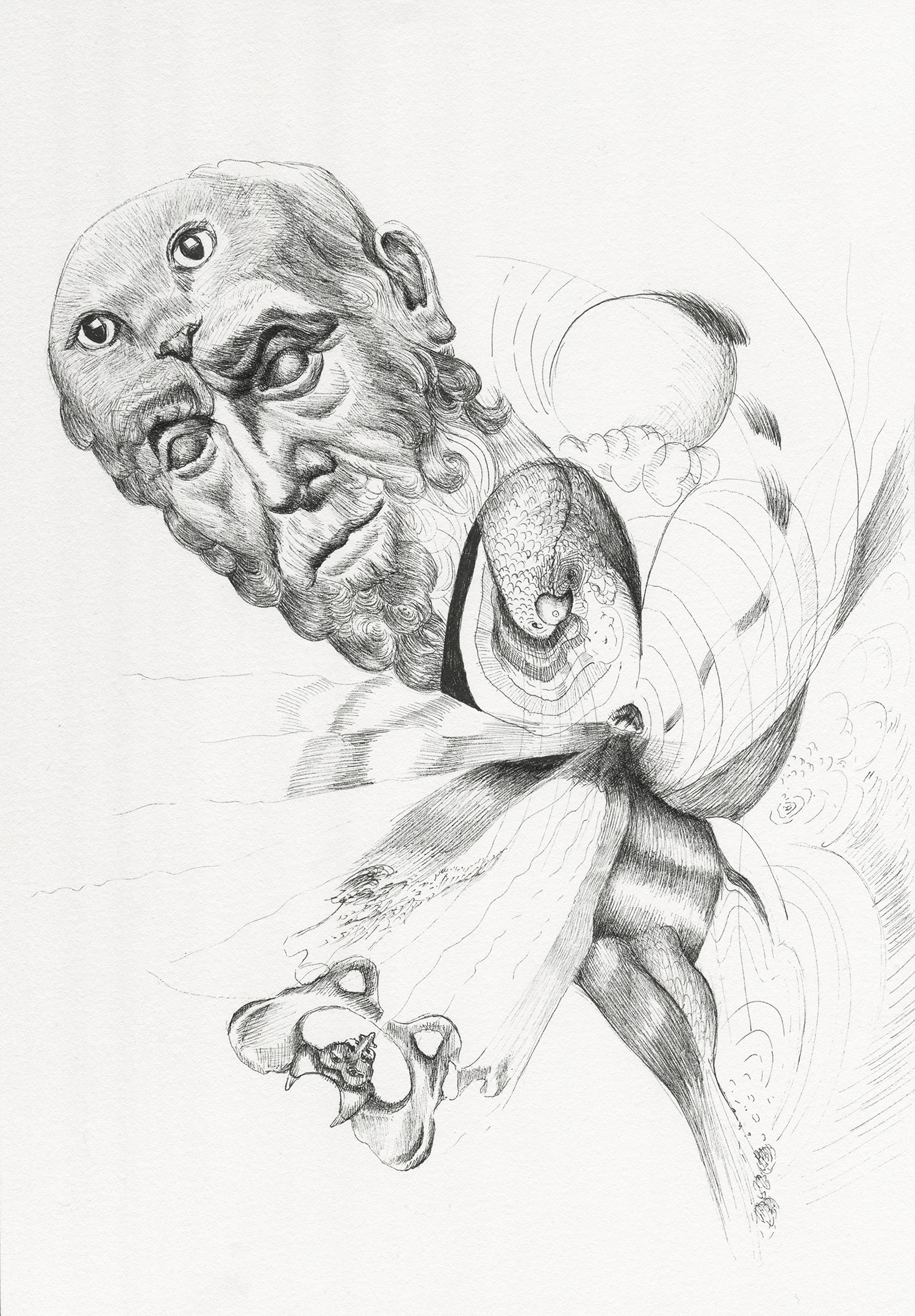  "Hippocrates' Nine Lives" Ink on paper, 7x10", 2017. 