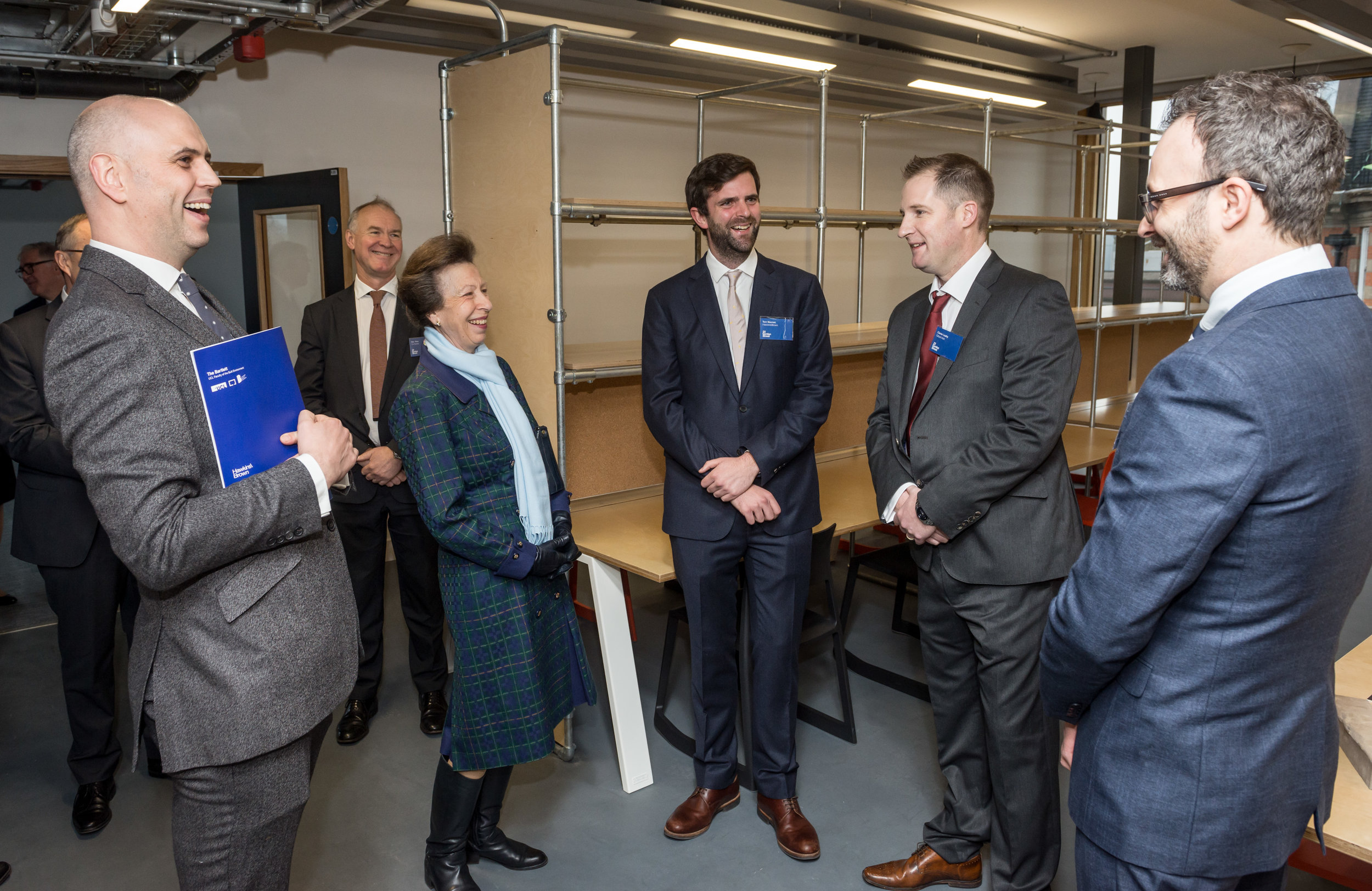  Lead Architect Euan MacDonald introduces HRH Princess Anne to Associate architect Tom Noonan, Project Manager Aaron Coffey and site Manager Ciaran Leahy as she tours the refurbished Bartlett School of Architecture before official opening the buildin