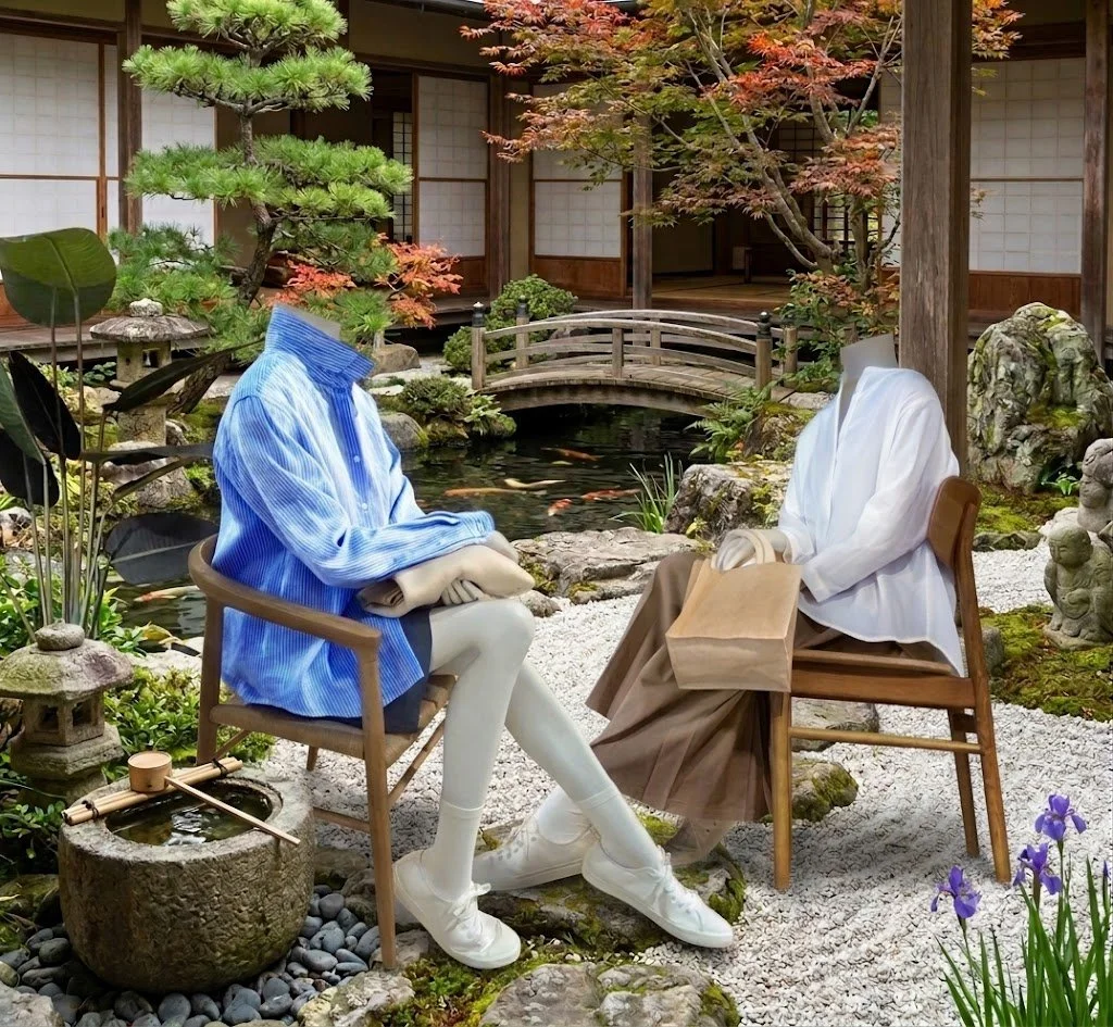 A traditional Japanese garden with koi pond, small bridge, and lush greenery, featuring two headless female mannequins sitting on chairs wearing MUJI  clothing and both holding bags.