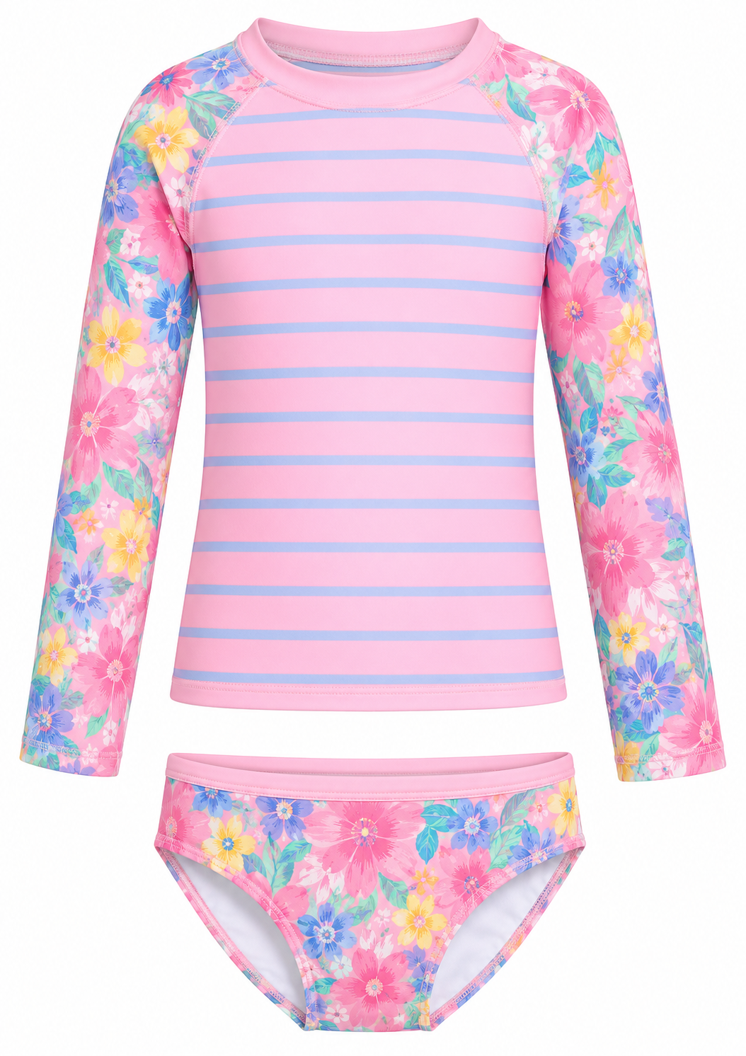 Pink and blue striped long-sleeve rash guard with floral print on sleeves and matching floral bikini bottoms.  E-Commerce Ghost Mannequin
