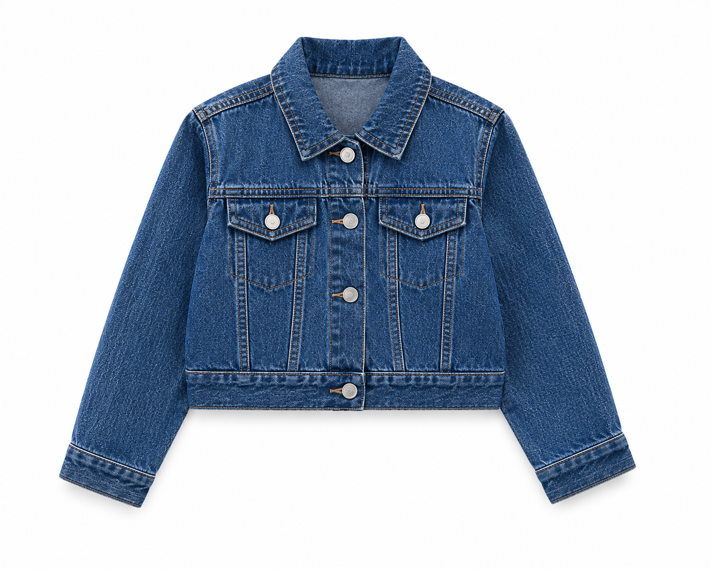 A blue denim jacket with metal buttons, chest pockets, and long sleeves on a white background. E-Commerce Flat-Lay