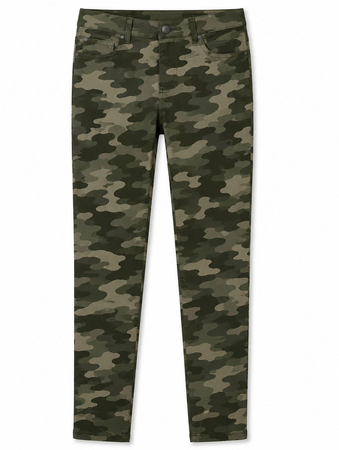 Camouflage patterned pants with belt loops, front pockets, and a button closure. /  E-Commerce Flat-Lay