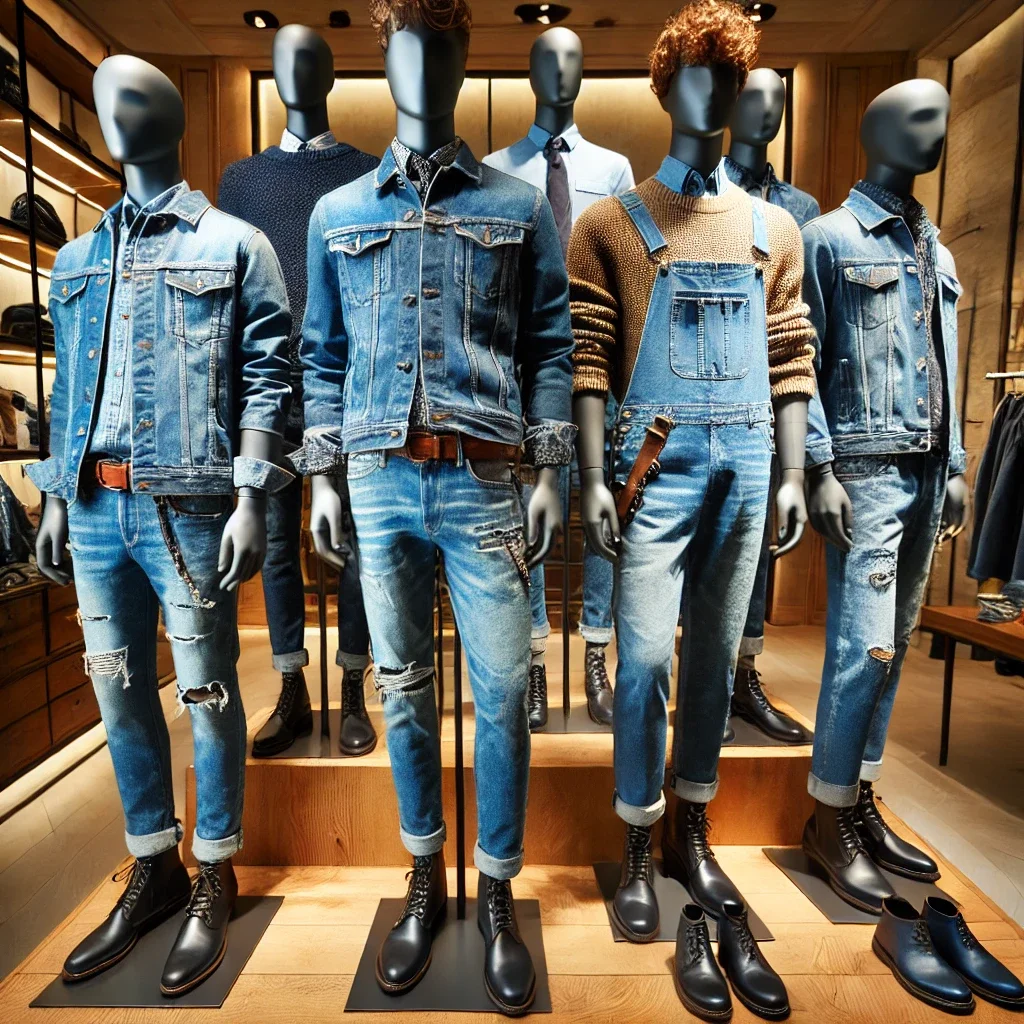 Mannequins dressed in denim jackets, jeans, and boots displayed in a clothing store window.