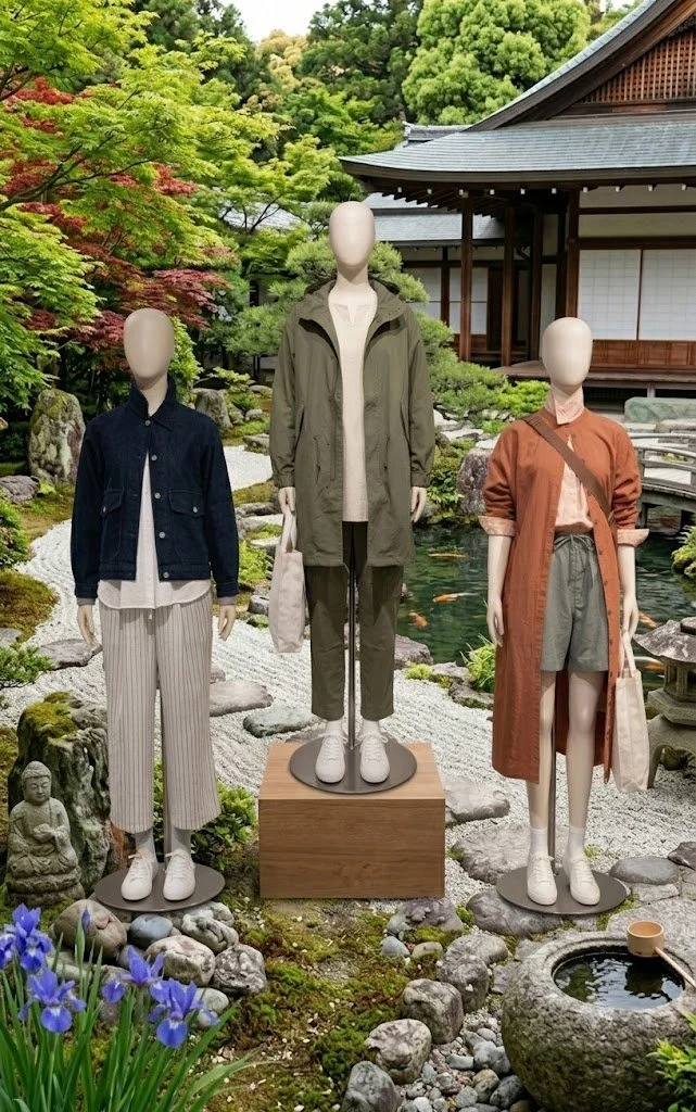 Display of three mannequins dressed in MUJI casual clothing, set outdoors among rocks, plants, and a pond, with traditional Japanese architecture in the background.