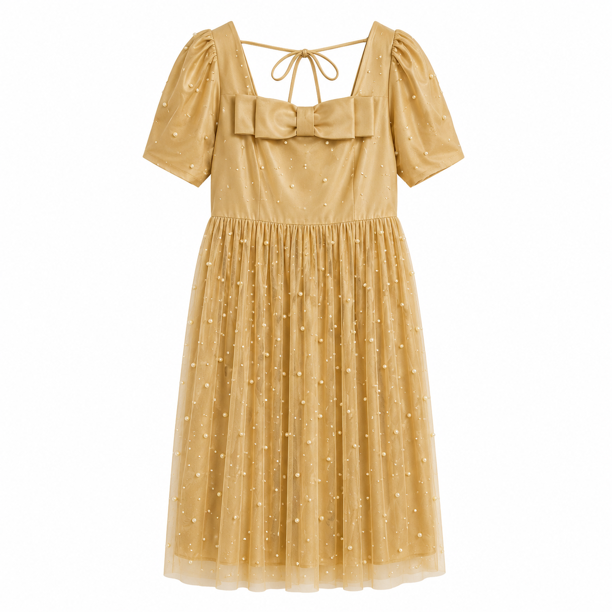A long, elegant yellow dress with puffed sleeves, a large bow on the bodice, and pearl-like embellishments all over the fabric. / E-Commerce Ghost Mannequin