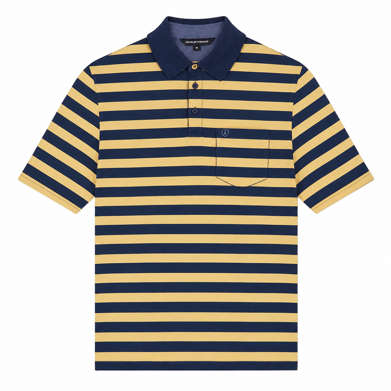 A navy and yellow striped polo shirt with a collar, buttons, a chest pocket, and a small logo badge.