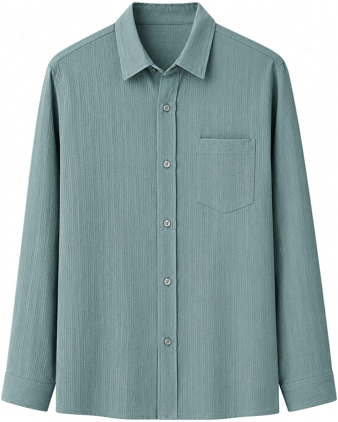 A teal button-up shirt with a front chest pocket and long sleeves. /  E-Commerce Flat-Lay