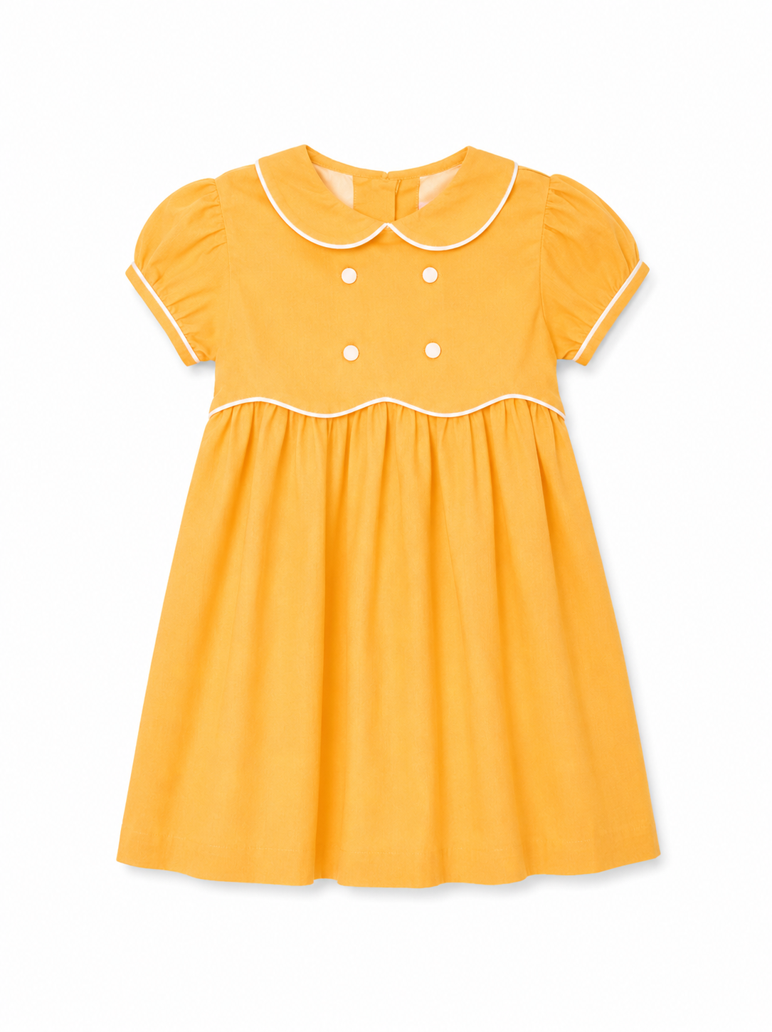 A yellow dress with a peter pan collar, short puffed sleeves with white piping, and decorative white buttons on the bodice. The dress has a fitted waist and a gathered skirt. / E-Commerce Flat-Lay