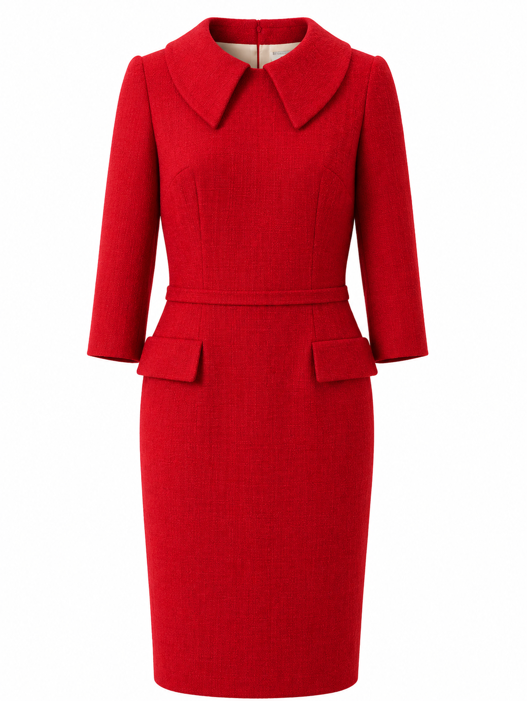 Red fitted dress with long sleeves, a large collar, and pocket flaps at the hips. / E-Commerce Ghost Mannequin 